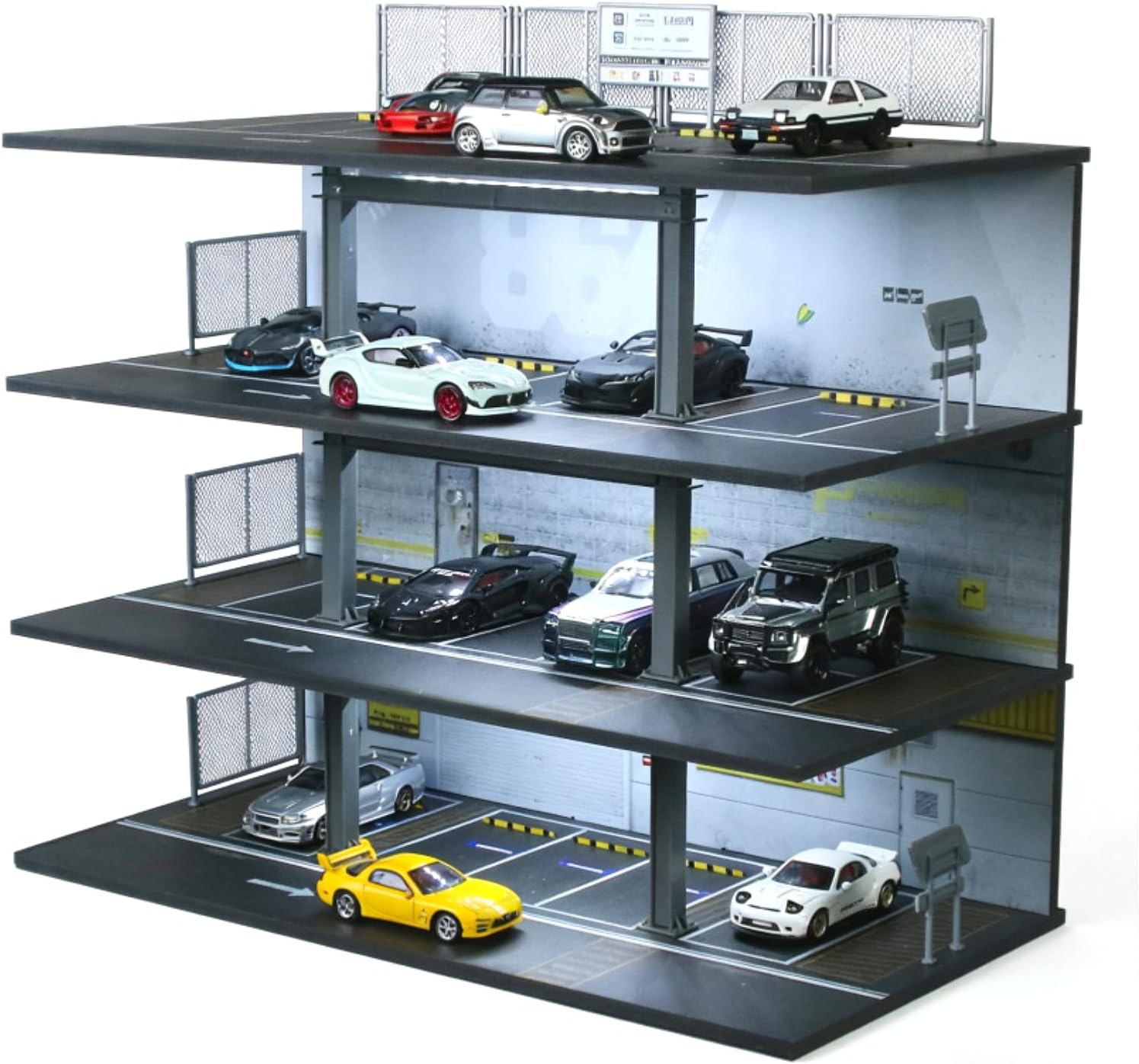 1/64 Diorama 4 Story Garage Model, LED Lighting Diecast Model Cars Display Case, Parking Lot Diorama Street Scene, 20 Parking Space for 1:64 Diecast Cars Storage, Building Garage (B)