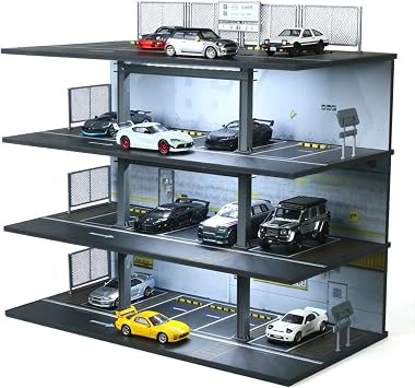 164 Diorama Garage Model, LED Lighting Four-Story Car Park Scene Display Case, for 164 Diecast Model Cars Display, Model Car Showcase, Building Model B