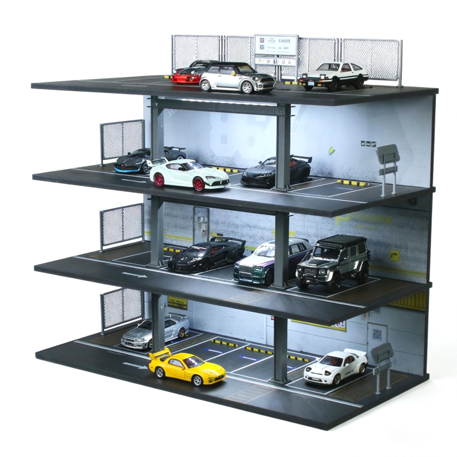 1:64 Diorama 4 Tier Garage Modell, LED Beleuchtung Parkhaus Szene