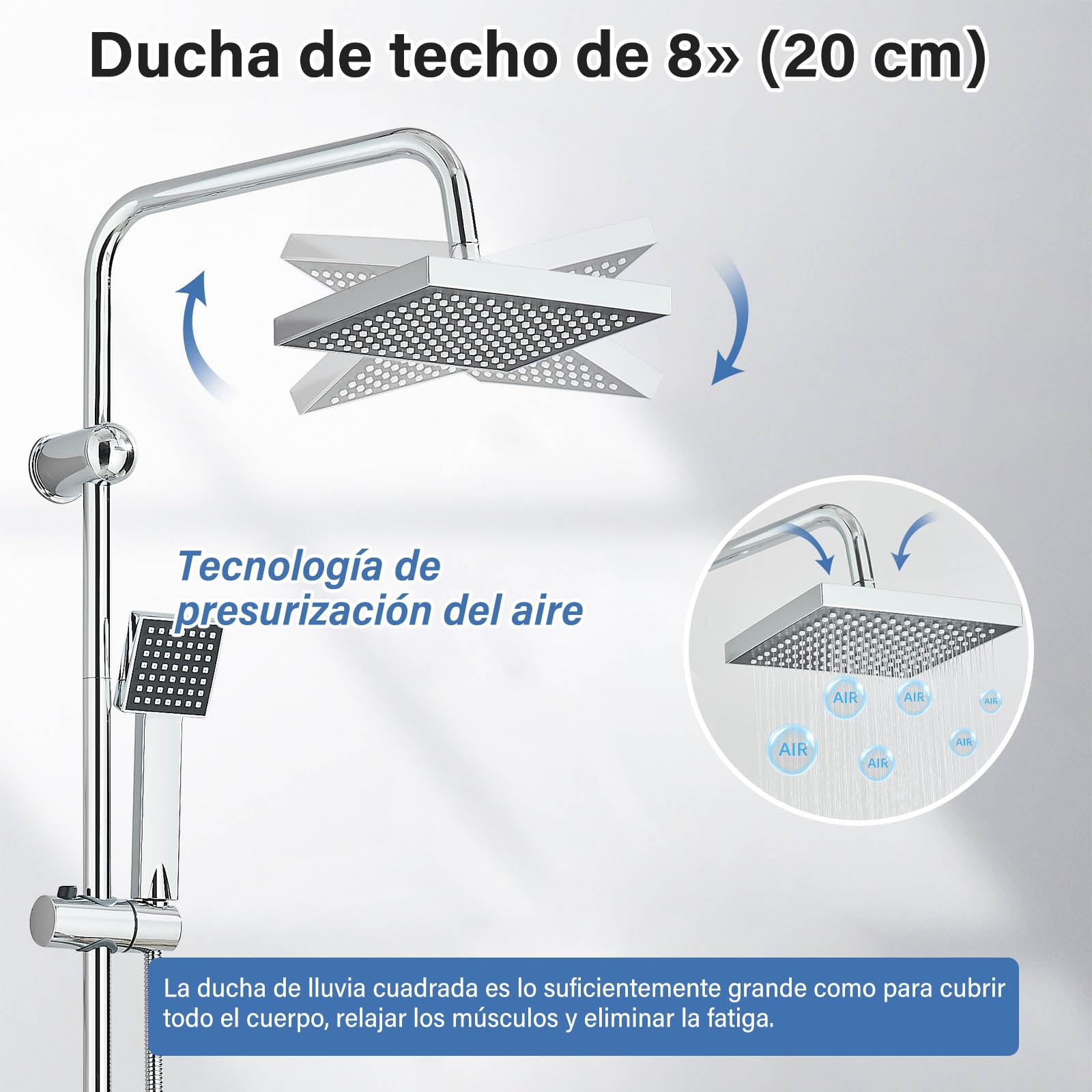 Set de Ducha de Lluvia, Set de Ducha de Lluvia Cuadrado, Set de Ducha con Ducha de Lluvia y Teleducha, Galvanizado（20cmX20cm）