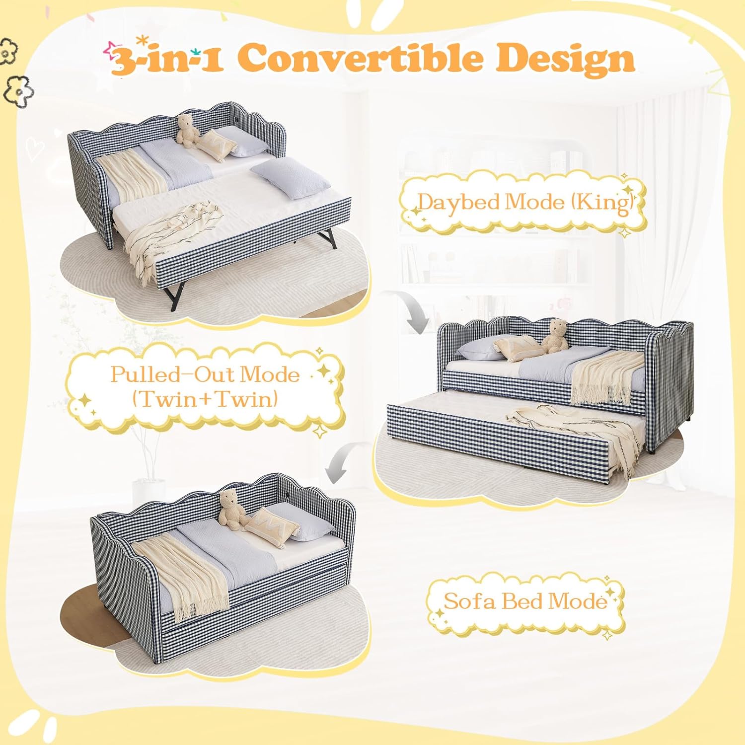 80.5" Daybed with Trundle, Gingham Twin Size Day Bed Frame with USB Charging Ports Modern Upholstered Sofa Bed for Living Room Bedroom Guest Room, Blue