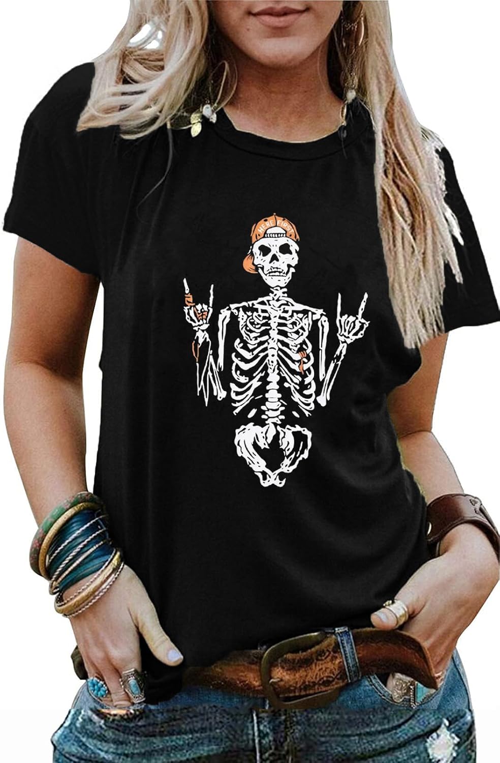 Skull Shirts for Women Gothic Skeleton Print Vintage Graphic Casual Cotton Tops Funny Workout Athletic Shirts