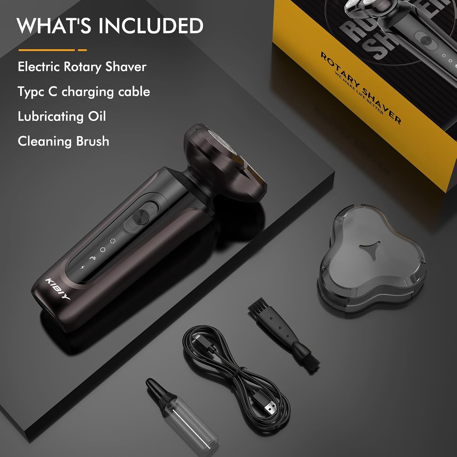 Contents of the Kibiy Electric Shaver package: shaver, cable, oil, brush