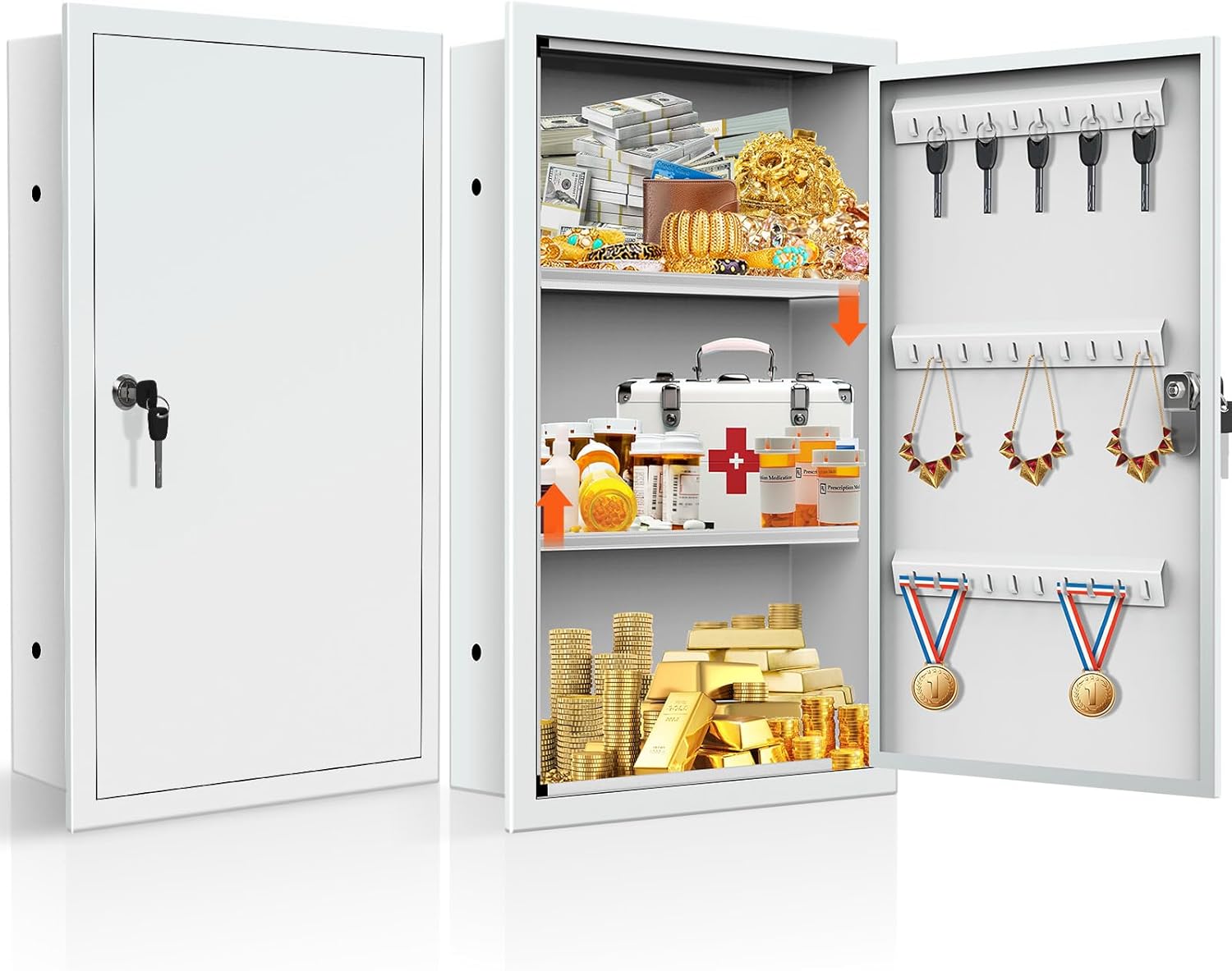 White 22.05" Tall Wall Safes Between the Studs with Removable Shelf, Lockable Hidden Safe Box with 10 Hooks for Keys Jewellery, in Wall Safe for Money Medicines Valuables