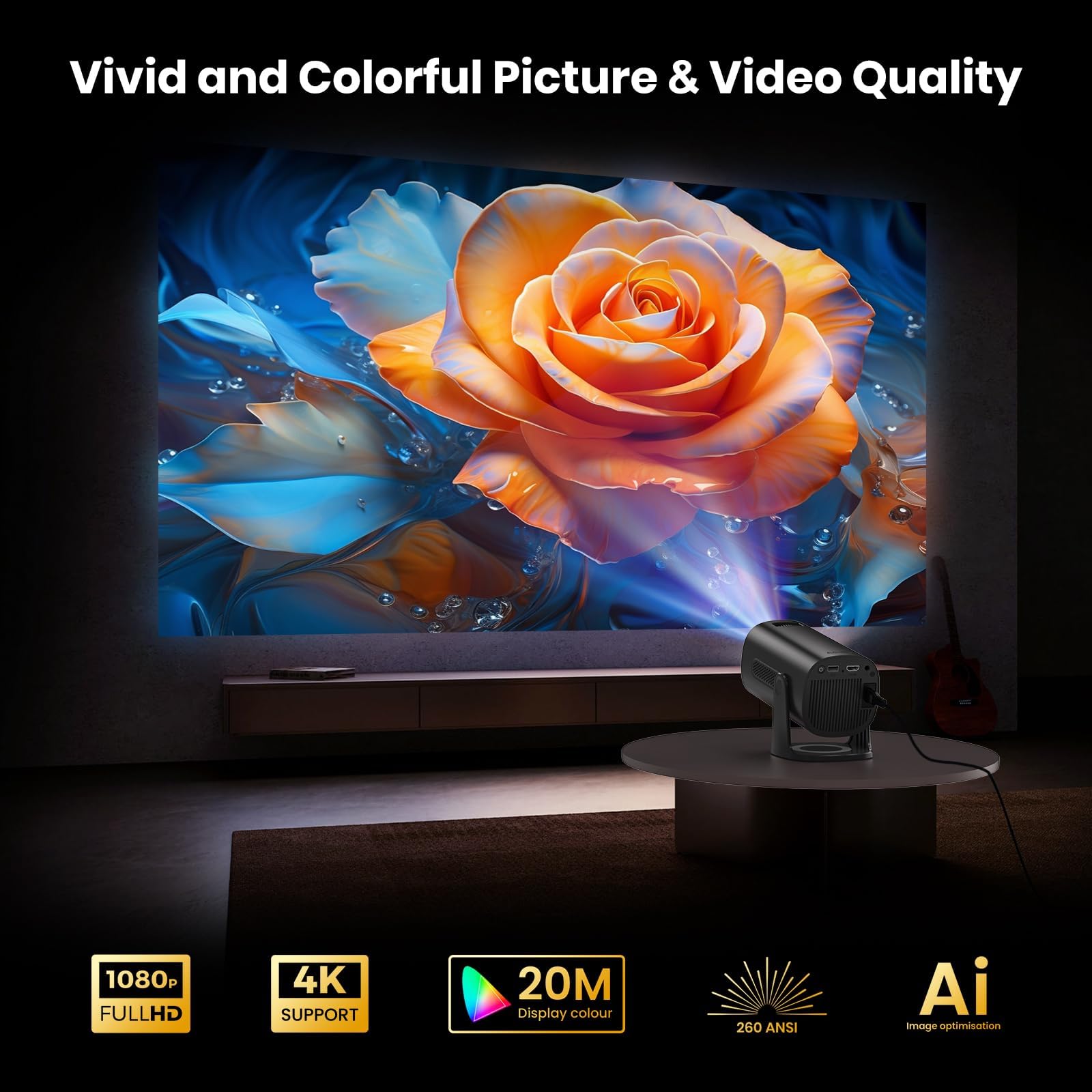 [Apps integrate & Modalità Stella] Mini Proiettore Support 4K 1080P con Modalità Stella Proiettore con Apps e Android TV OS Auto Keystone WiFi 6 BT5.2, Compatible con TV Stick/USB/HDMI,Nero
