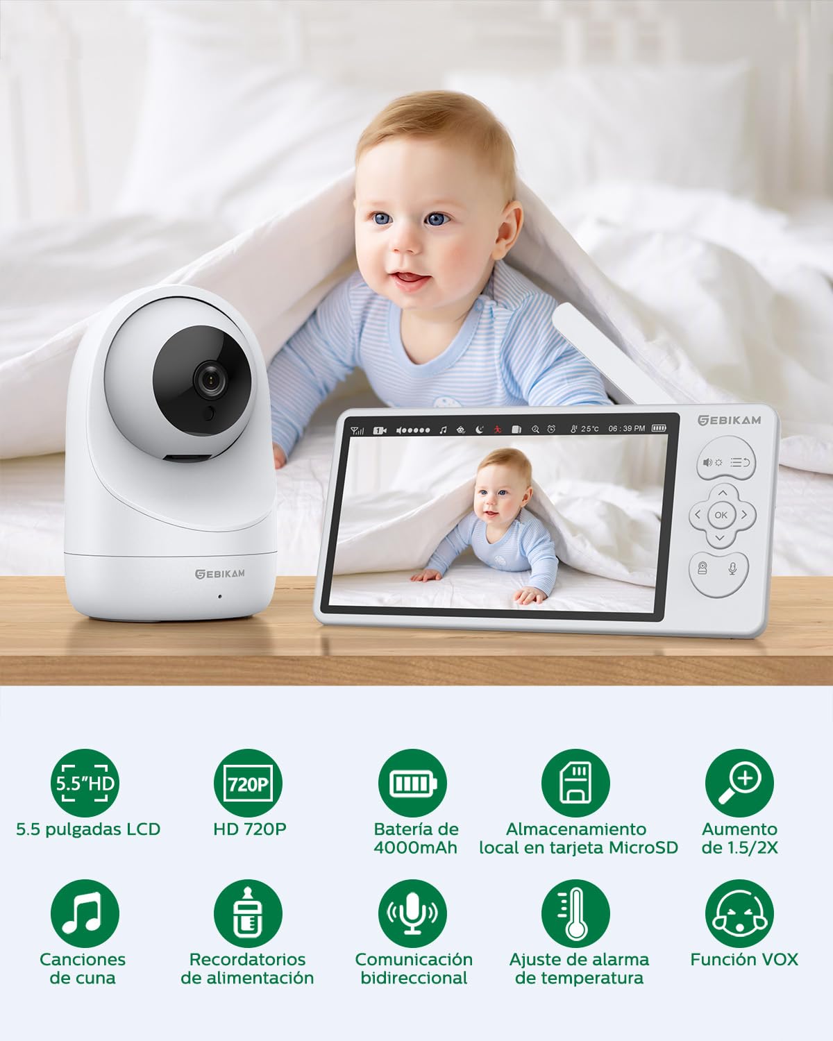 Vigilabebés con Cámara 5,5" Monitor de Vídeo HD 720P, Sin WiFi | Pantalla IPS, Batería 4000mAh, PTZ 355°, Visión Nocturna, Audio Bidireccional, Modo VOX, Sensor de Temperatura