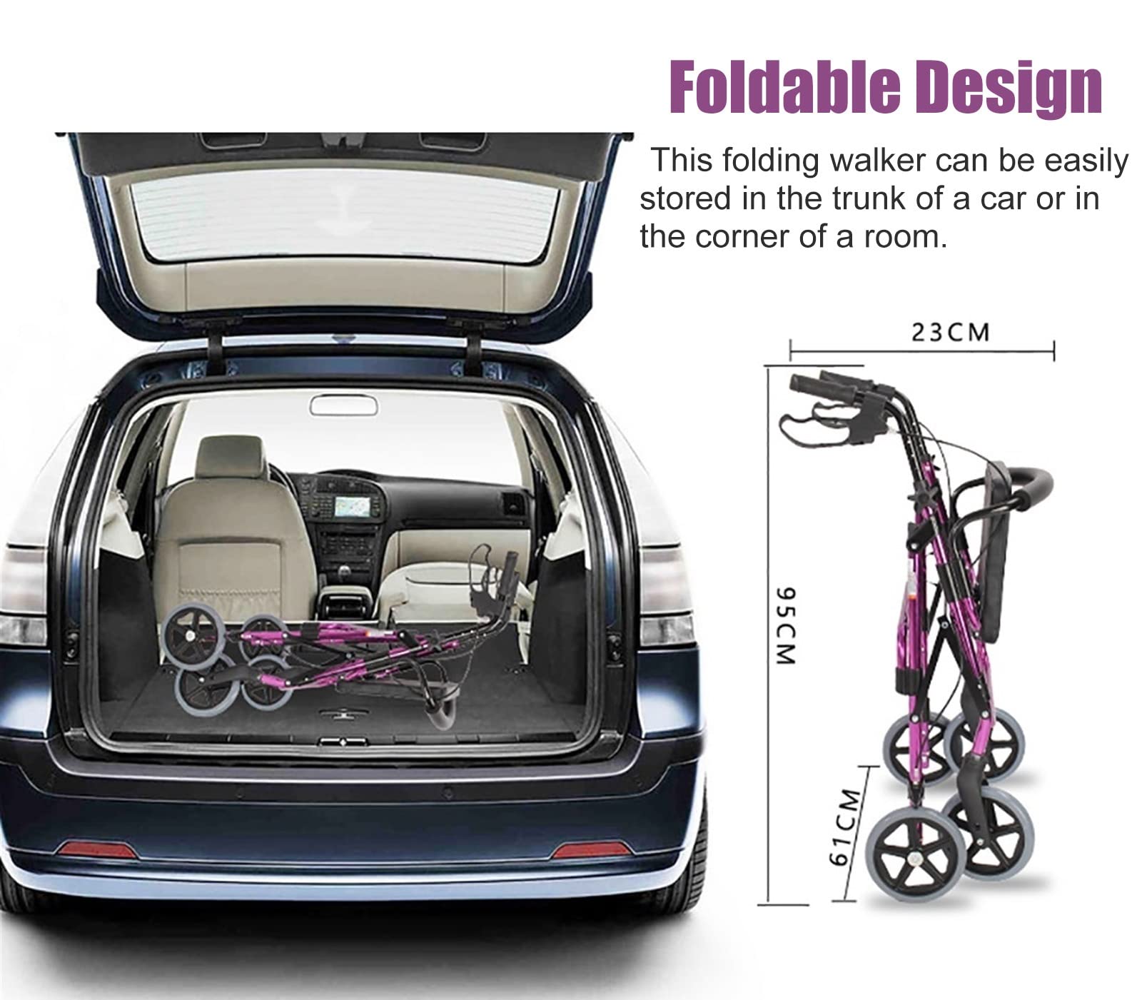 Andador con asiento y ruedas y frenos de 8 pulgadas, plegable, resistente, para personas mayores, con respaldo y cestas, altura ajustable