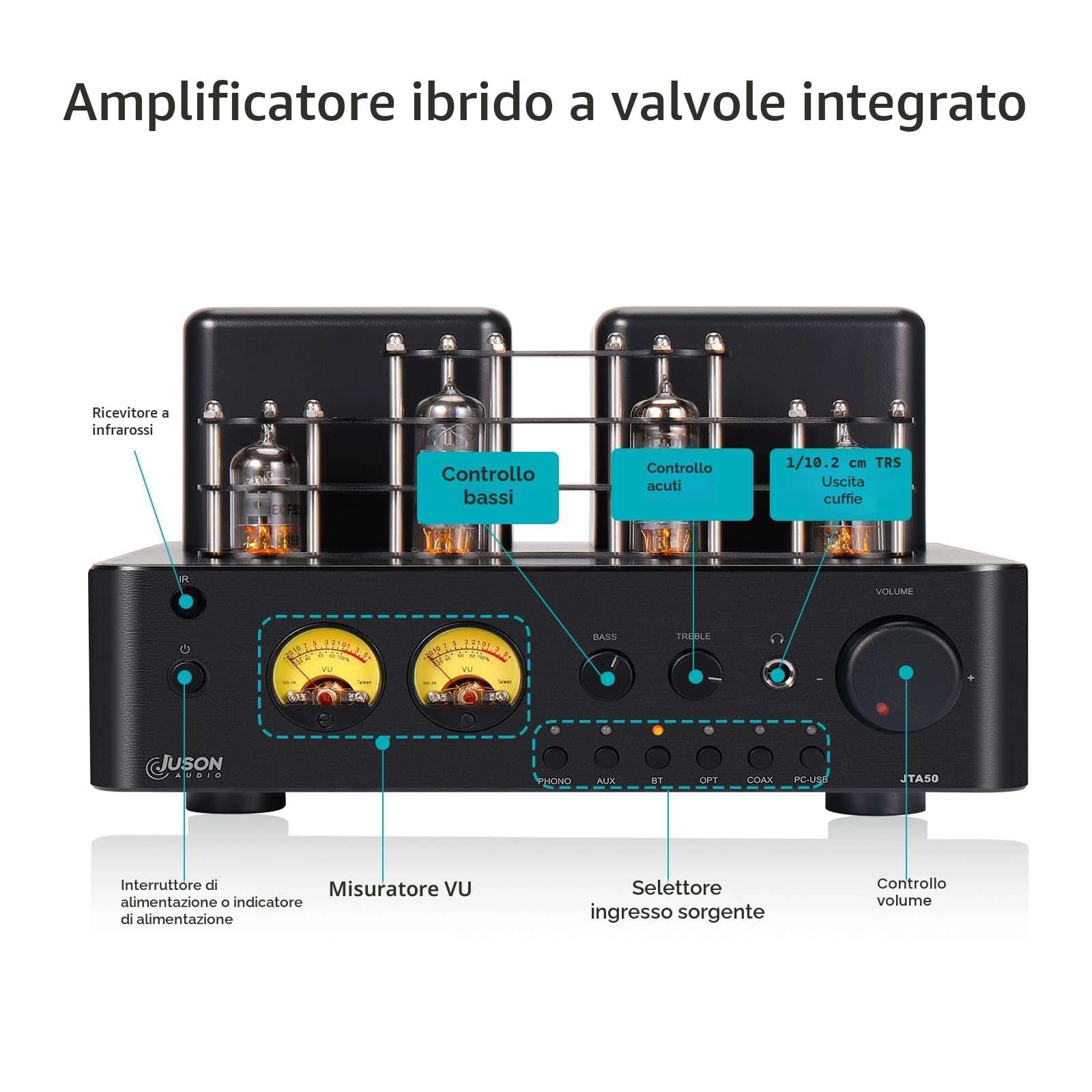 Juson Audio JTA50 Amplificatore a tubo amplificatore Hi-Fi con BT 5.0, telecomando, AUX, COAX, ingresso Phono e USB, uscita subwoofer, 2.1CH per giradischi