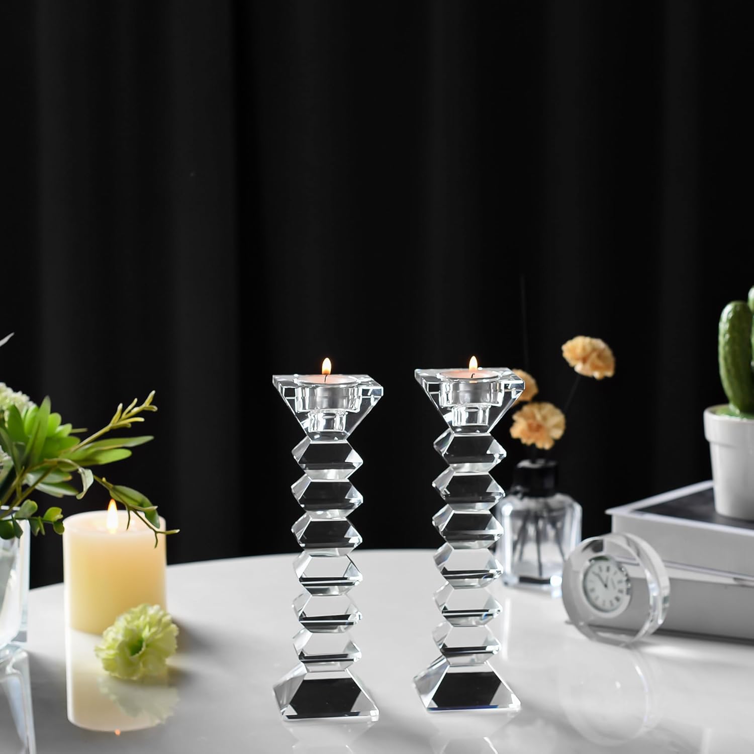 Crystal Candlestick Holders 2 Pack, Clear Crystal Taper or Tealight Candles Holder, Table Centerpieces for Party Wedding Decoration(8.3in Tall) - Image 4