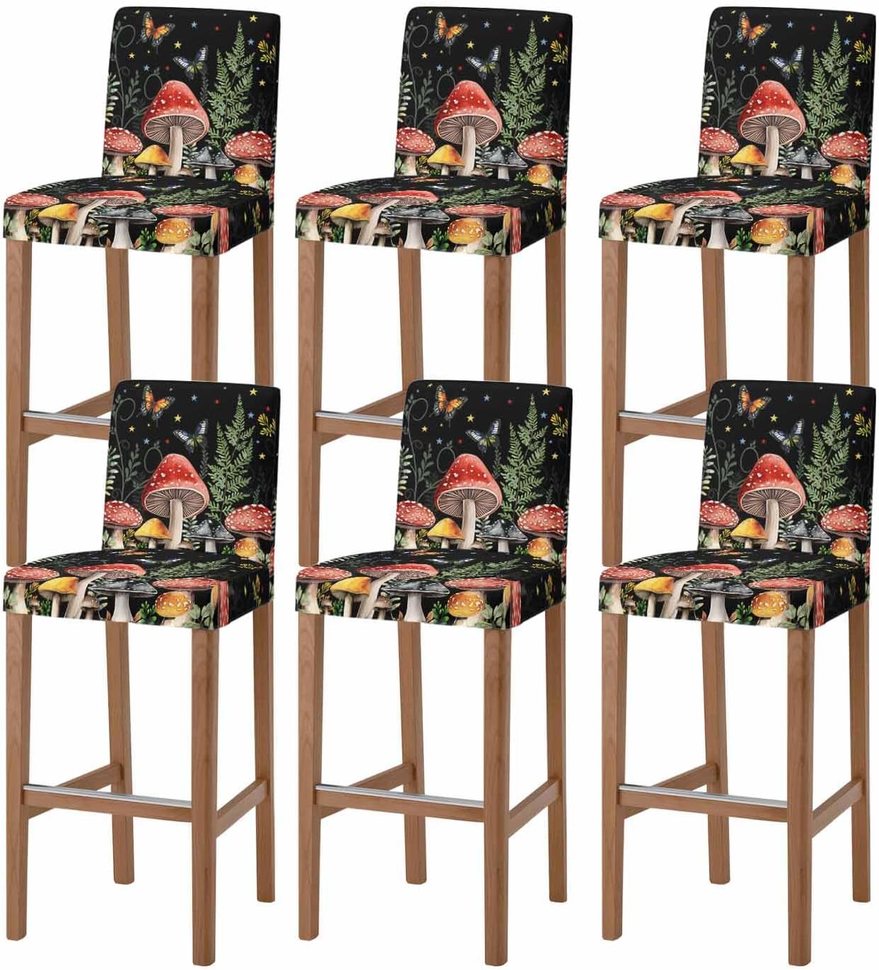 Bar Stool Cover with Back - Mushroom Butterfly Leaves on Black Stretch Washable Chair Covers Watercolor Jungle Plant Chairs Slipcover for Kitchen Pub Dining Room Cafe, 2 Pack