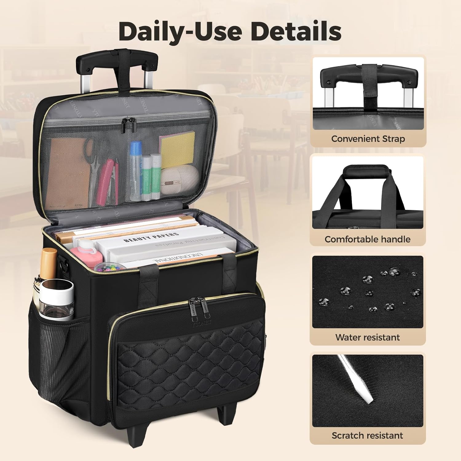 Ytonet Rolling Teacher Bag with Insulated Lunch Carrier, 15.6" Rolling Laptop Bag with Detachable Dolly, Underseat Travel Bag Roller Briefcase for Women Roller Tote Bags for Teacher Work Office Craft