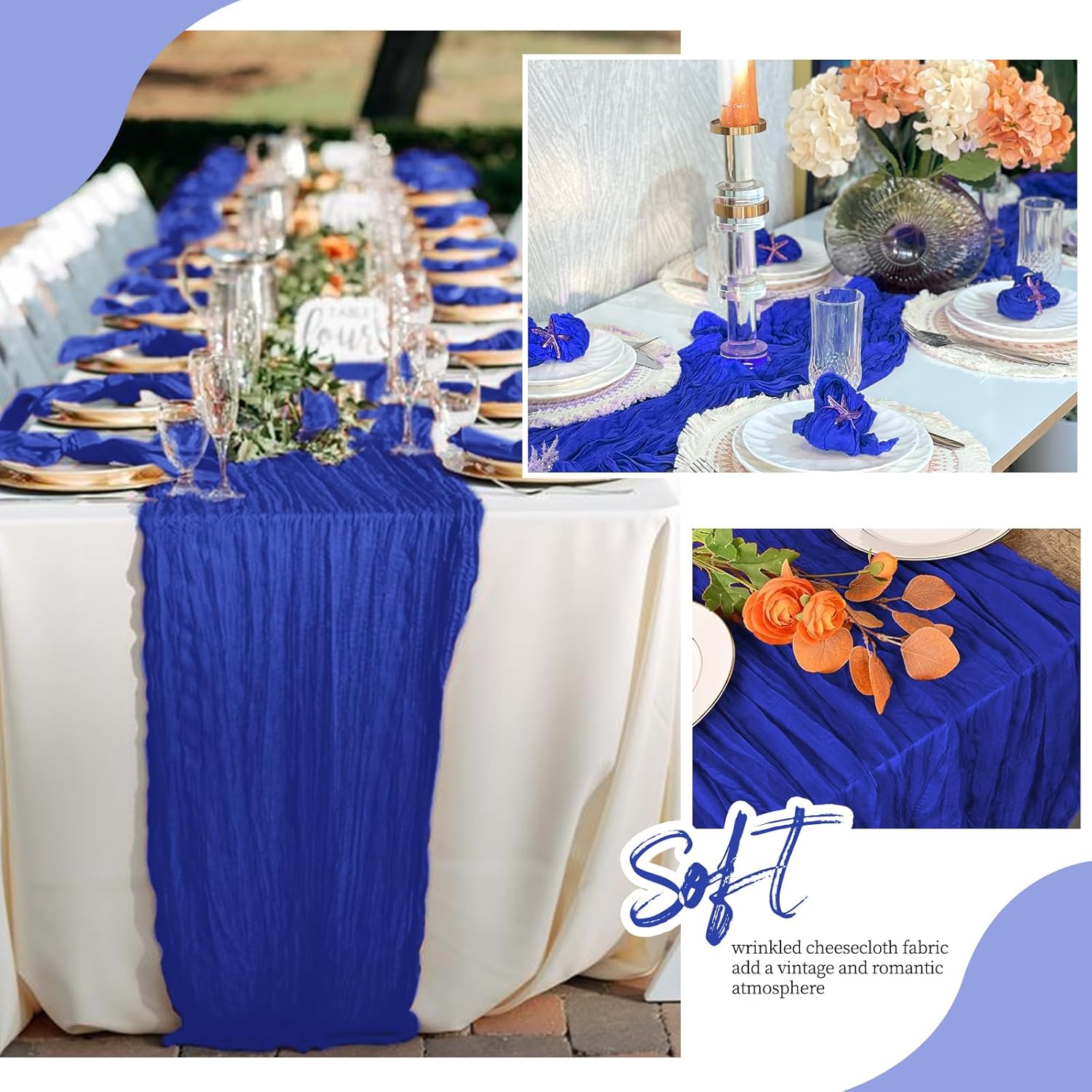 12 Pack Royal Blue Cheesecloth Table Runner 17x108 Inch Semi Sheer Boho Gauze Cheese Cloth Fabric Table Runners, for Wedding Party Baby Shower Birthday Home Decor Garden Farmhouse