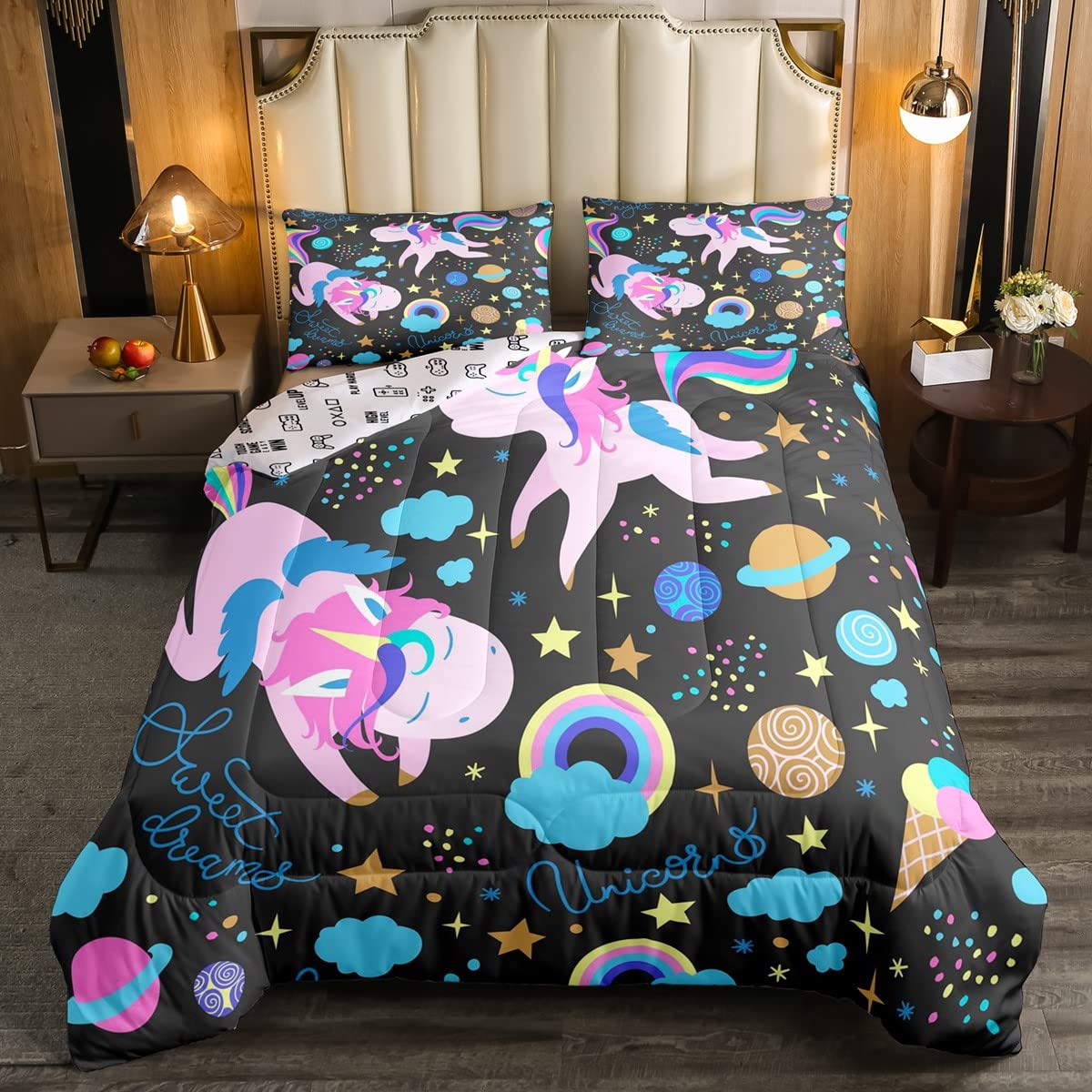 Loussiesd Rainbow Unicorn Bedding Set Cartoon Unicorn for Kids Boys Cute Animal Wildlife Down Duvet Insert Grey Double Size — image 1