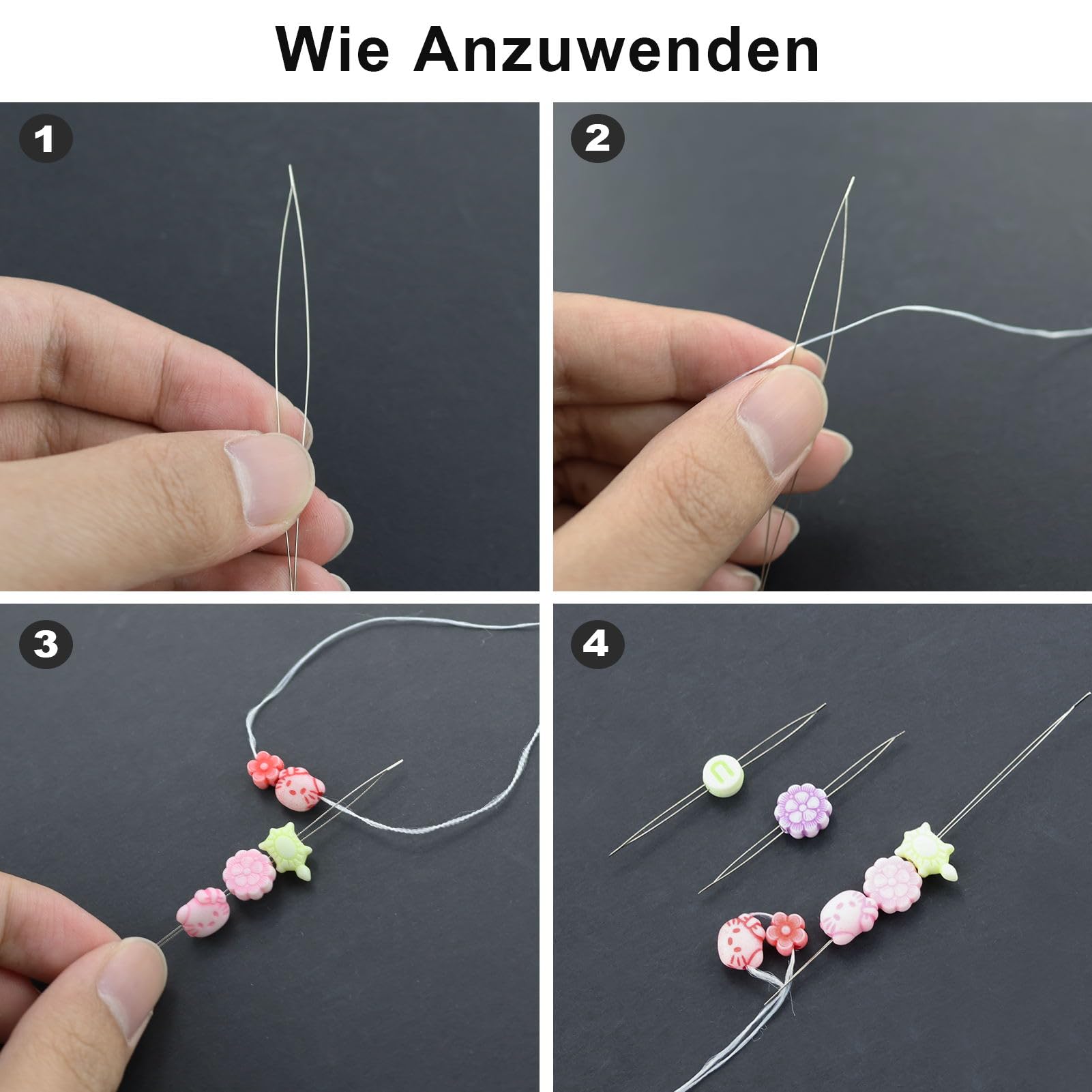 Jiakalamo 18 stuks parelnaalden, 9 maten, kraalnaalden, grote oogkralen, naald met naald, naald om kralen te rijgen voor kleine kralen, handwerk, sieraden maken (zilver