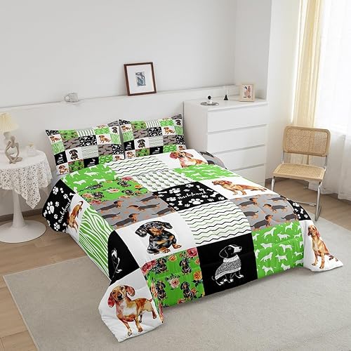Miniatura 3 de Erosebridal Bonito juego de edredón de perro salchicha para niños y niñas, juego de ropa de cama de perros verdes coloridos para regalo para amantes