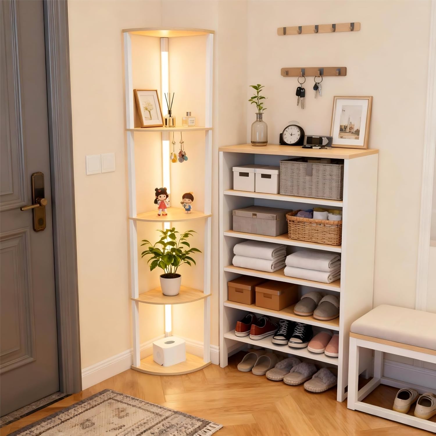 Lightdot Corner Floor Lamps with Shelves, 64Inch 5-Tier Storage Shelf Lamp with Integrated LED Posts/Walnut Shelf/White Frame, White Display Floor Lamp for Living Room/Bedroom/Sofa Beside/Corner Decor