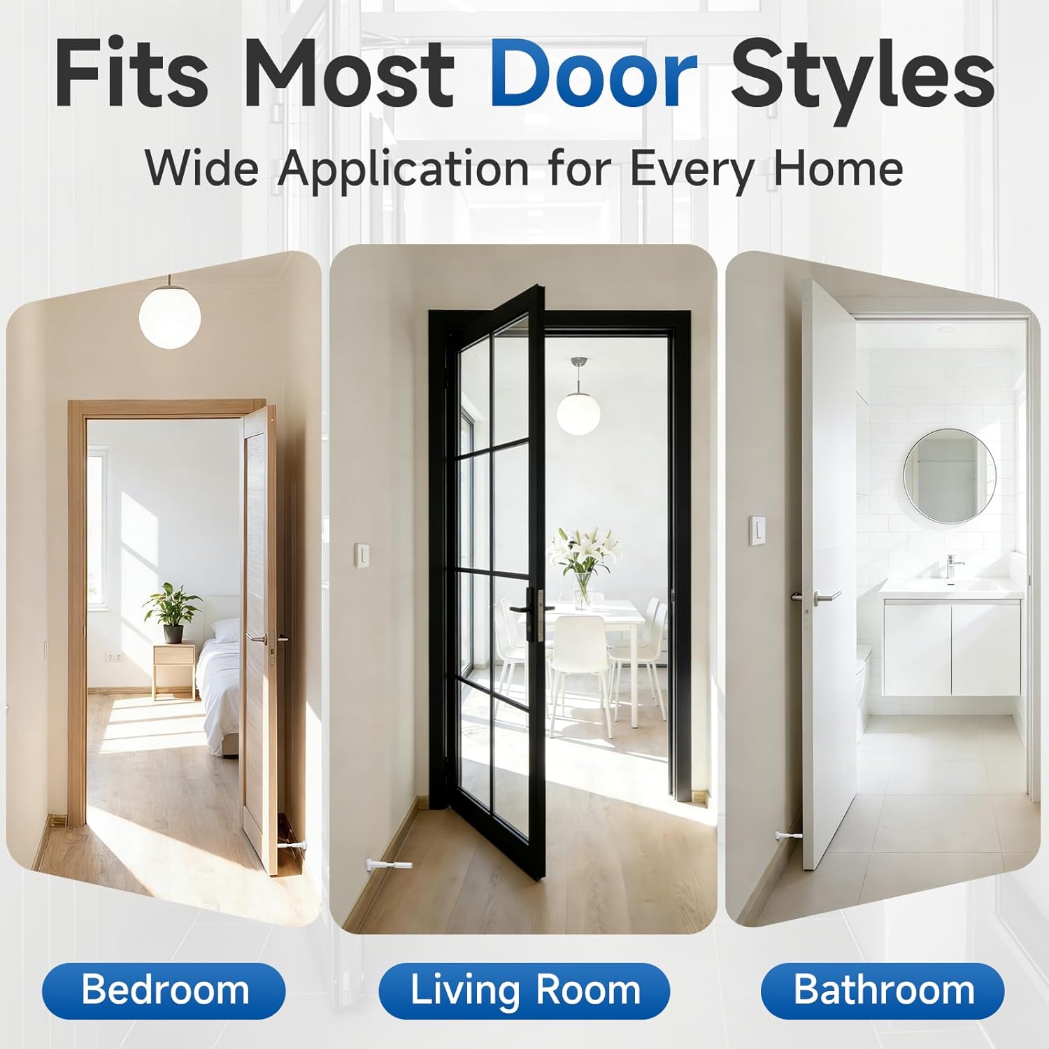 4pcs Adjustable Spring Door Stops, 4.17-5.35in Aluminum Long Door Stoppers with Silicone Tip, Matte Black Door Stop for Bottom of Door, Screw & Adhesive Installation, White