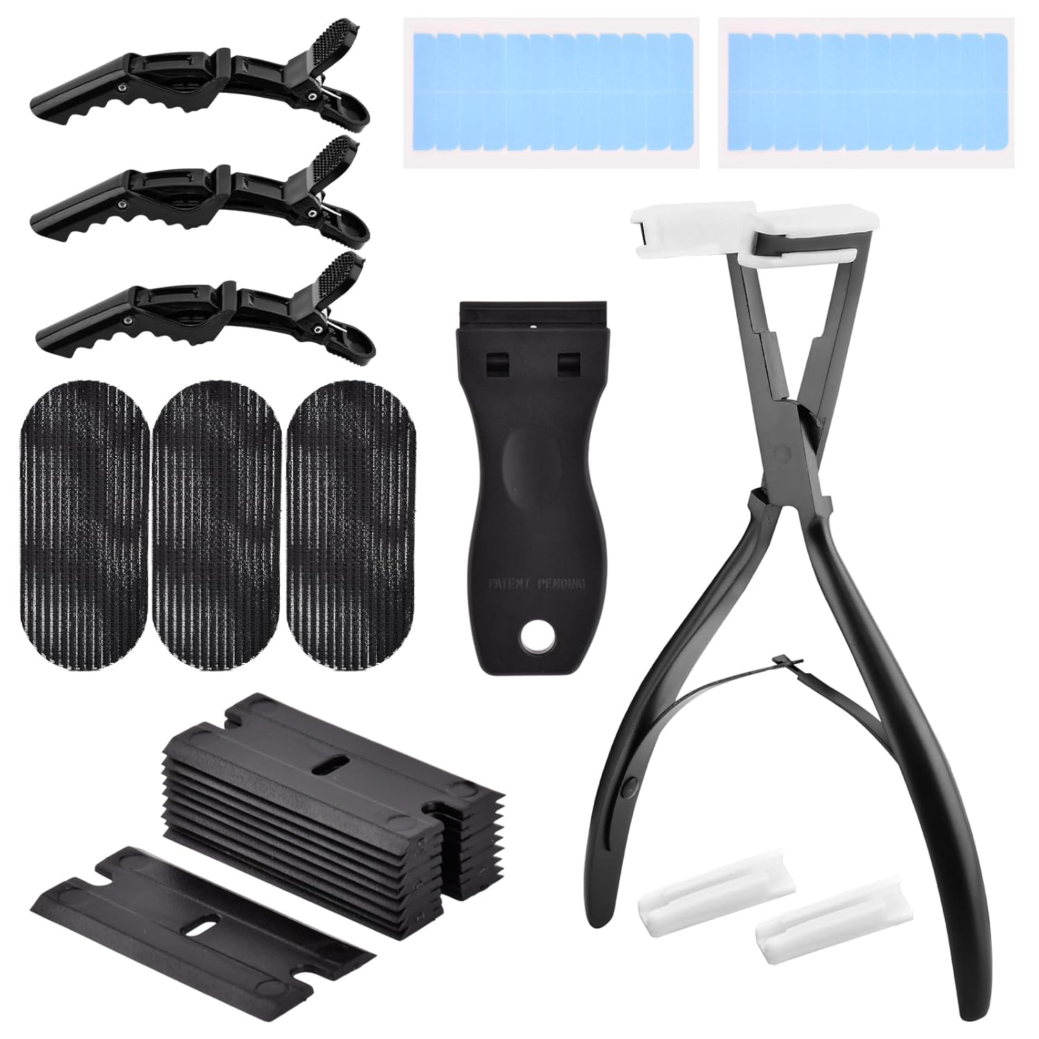 Tape in Hair Extension Tools Kit, Flat Surface Stainless Steel Plier, Remover Scraper, Clips, Hair Extension Tape, Styling Tools (Black)