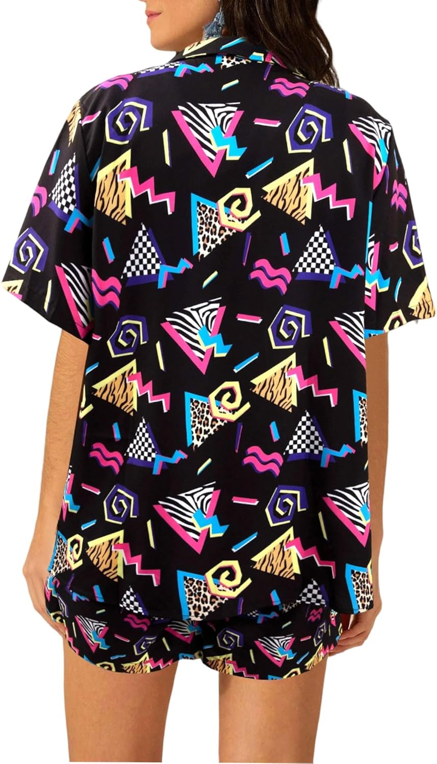 80s 90s 2 Piece Outfits for Women Retro Theme Party Disco Matching Sets Neon Button Down Top and Shorts Sets - Image 6