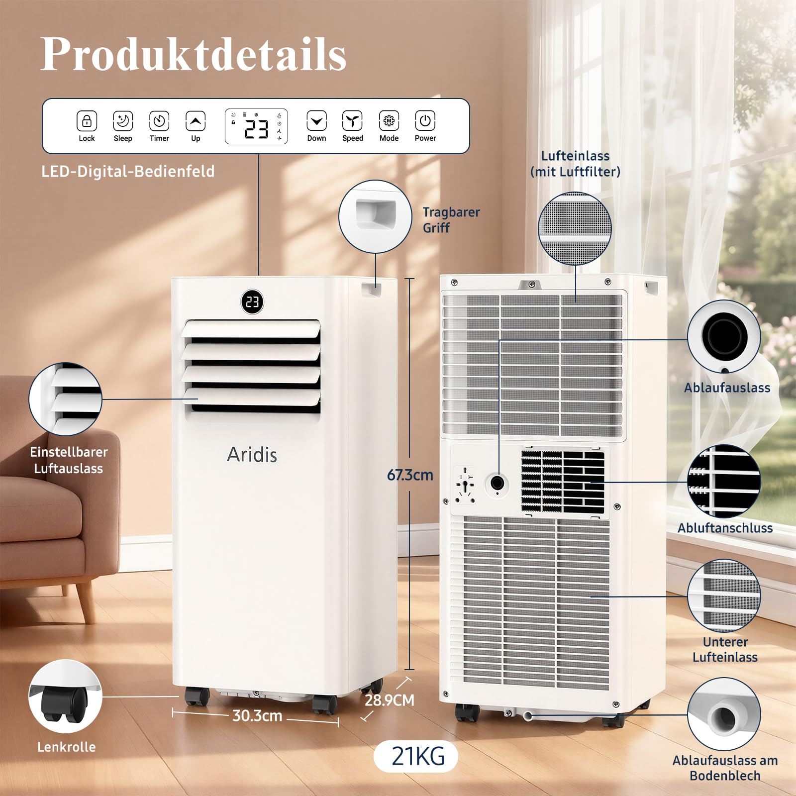 Mobile Klimaanlage 9000 BTU 4-in-1 mit LED Display & Fernbedienung, Fenstermontagesatz, Abluftschlauch, bis 88m³ (33㎡)