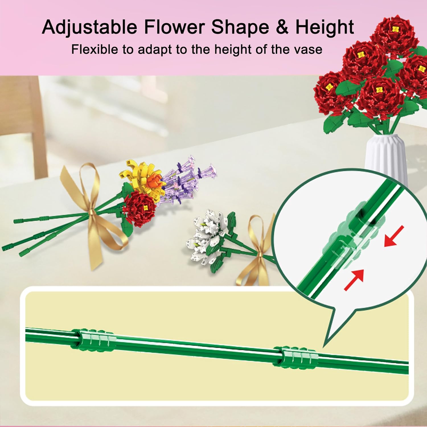Flowers Bouquet Building Set, 12 Artificial Flowers 1064 PCS Bricks Blocks Toy for Adults, Botanical Collection Gift for Mother's Day, Valentine, Birthday, Christmas (No Vase)