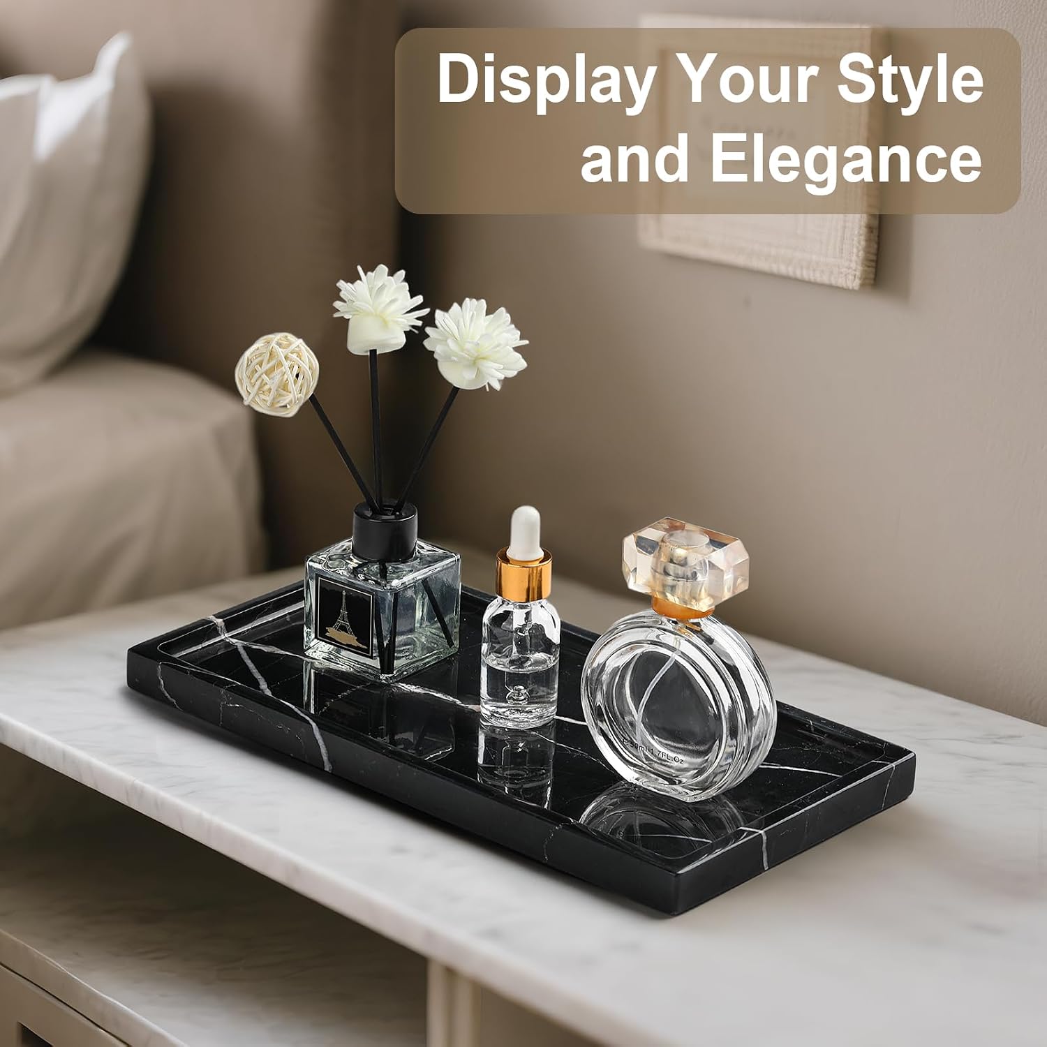 Natural Marble Vanity Tray - Moujings Genuine Marble Perfume Tray for Bathroom Decor, Stone Bathroom Vanity Organizer Tray for Kitchen Counter, Candles, Jewelry, Coffee, Makeup, Key