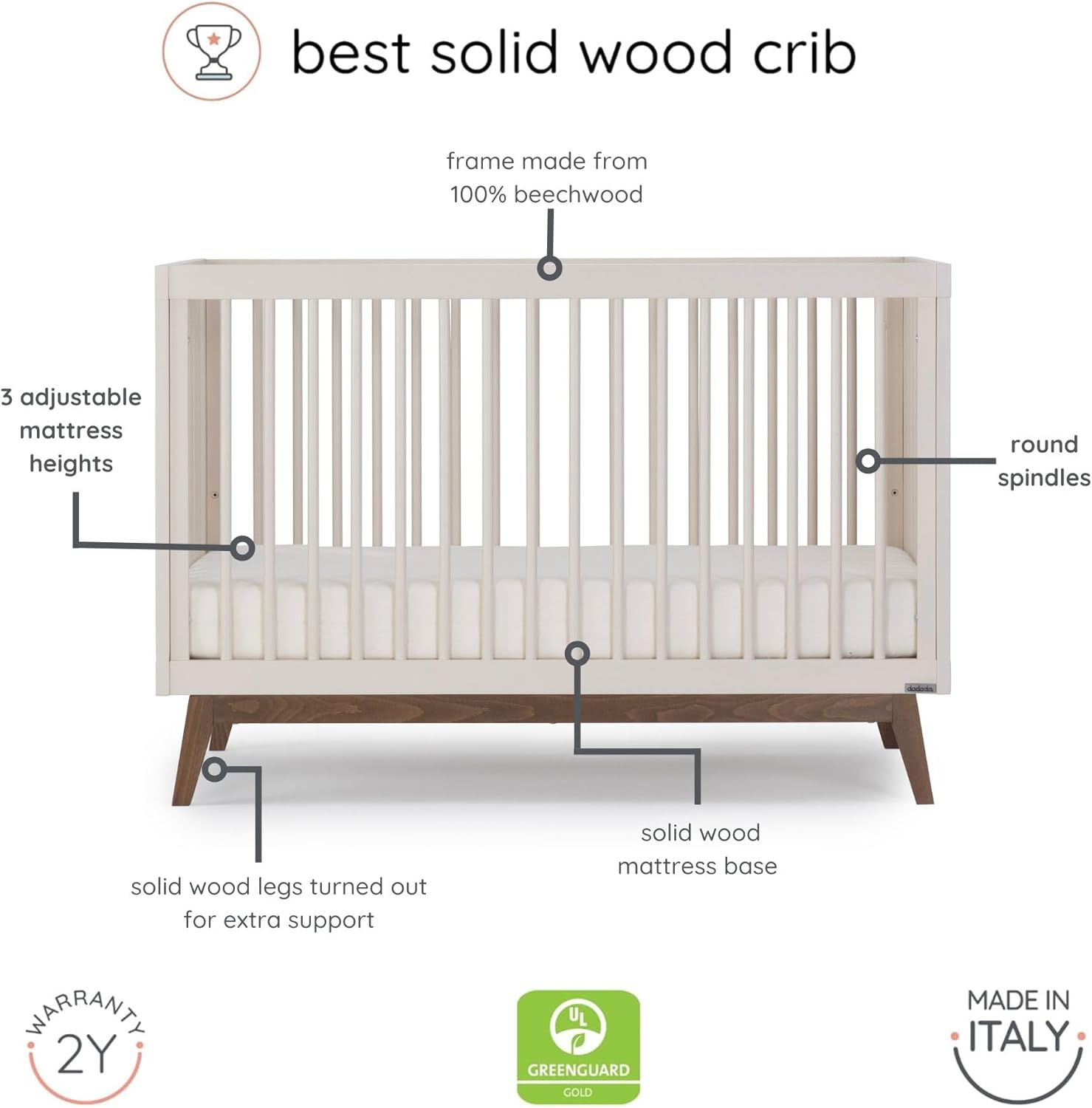 dadada Baby Soho 3-in-1 Convertible Wooden Crib to Toddler Bed - Made in Italy, GREENGUARD Gold Certified, Baby-Safe Finish, Handcrafted Beechwood, Modern Design, 3 Adjustable Heights (Almond Milk)