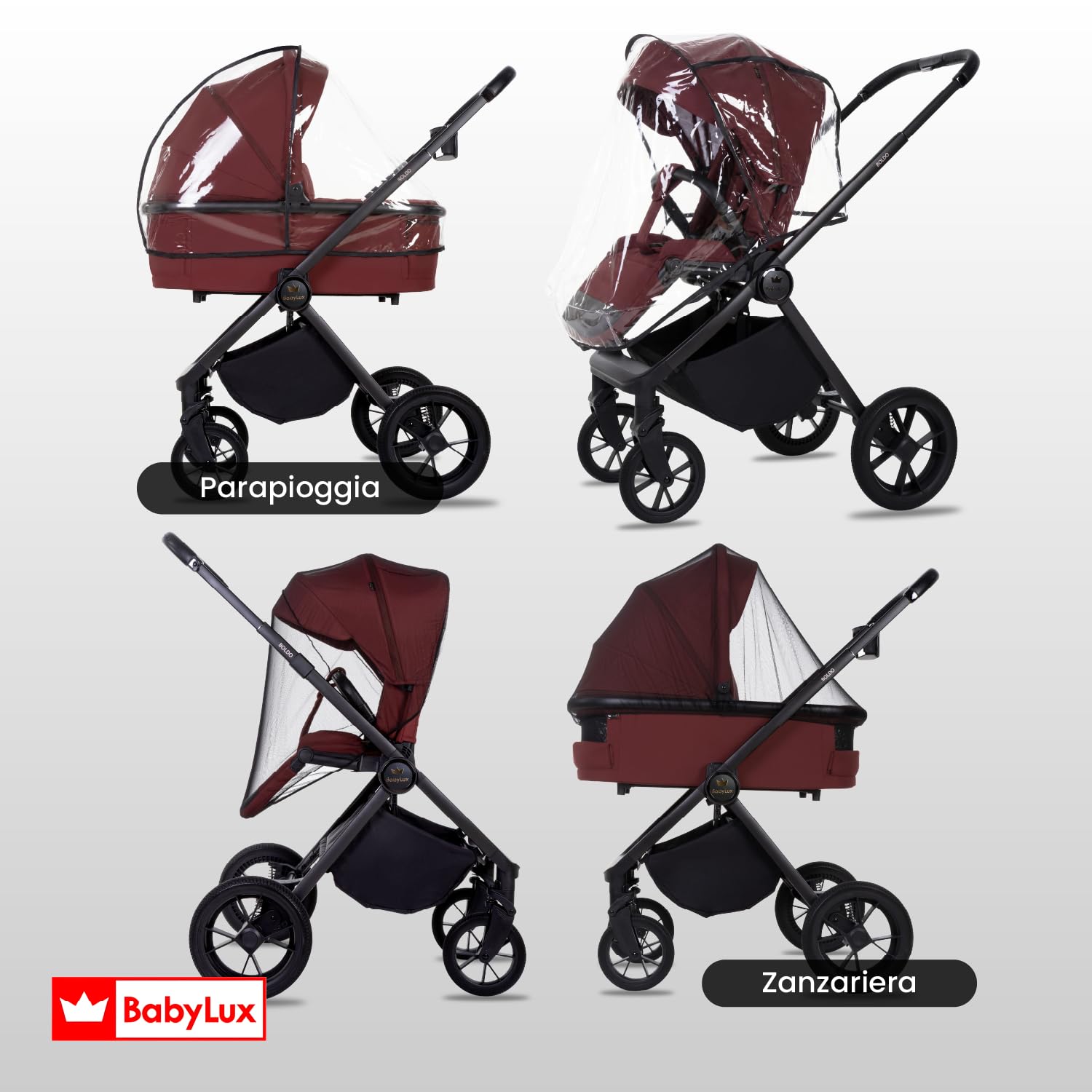 BabyLux® Passeggino 4in1 BOLDO, Set Pieghevole di Passeggino Leggero | Combinati con Navicella, Passeggino da Viaggio, Seggiolino Auto i-Size, Base Auto, 4 posizioni reclinabili, 0-22 kg, UV