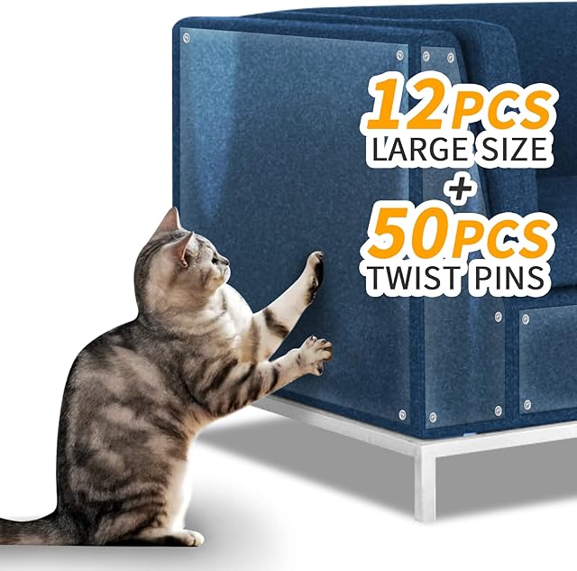 Cat Scratch Furniture Protector, 12pcs 12"/30cm * 18"/45cm Cat Scratch Deterrent for Furniture, Couch Protectors Anti Scratch Furniture Protector Cat Training Tape for Couch Corner, Doors, 50 pins