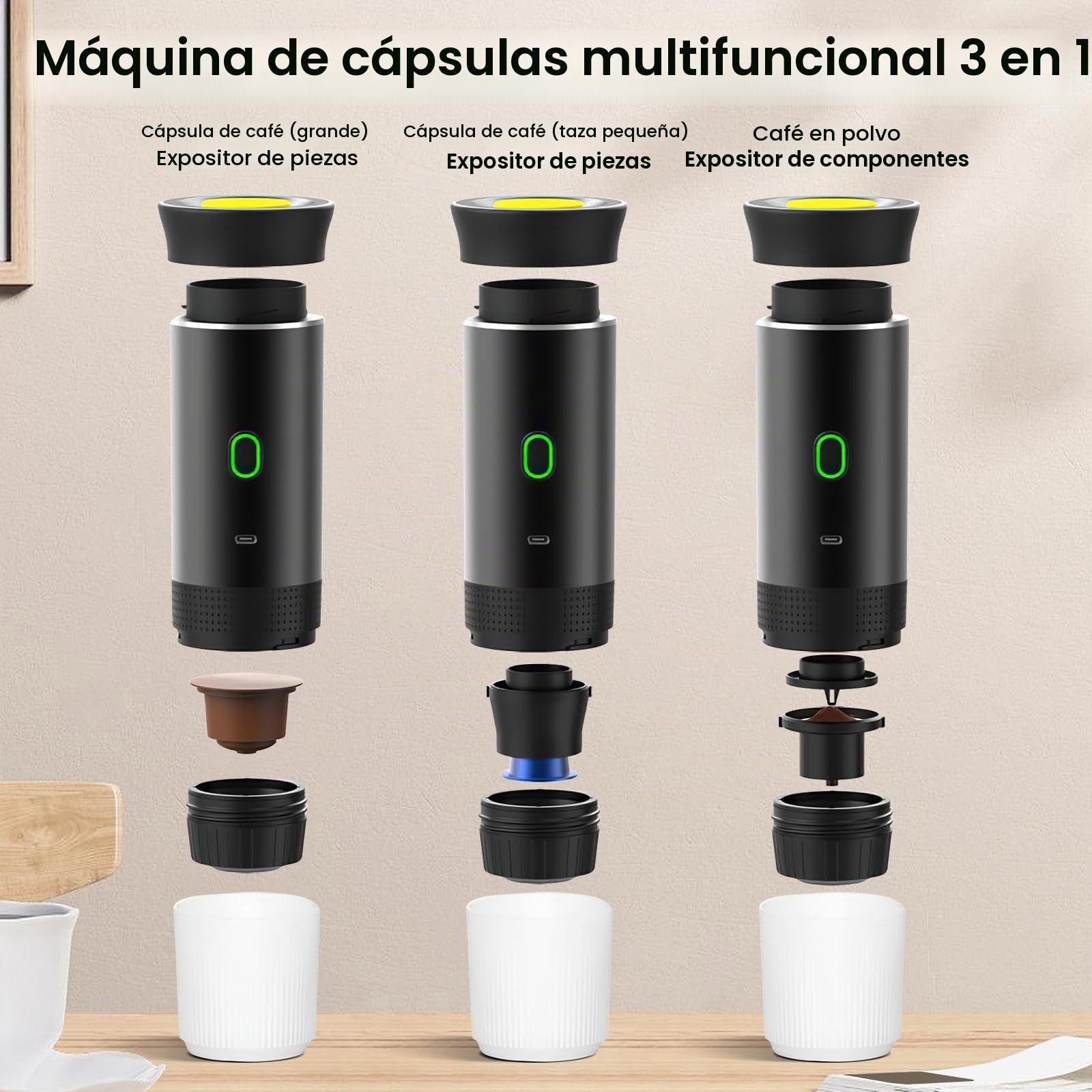 Kouamor Cafetera Portatil, 3 En 1Cafetera Espresso Eléctrica, Extracción Inteligente, Cápsulas Grandes y Pequeñas y Café en Polvo, Carga USB, Cafetera Expreso para 12V Automotriz y Camping (Negro)