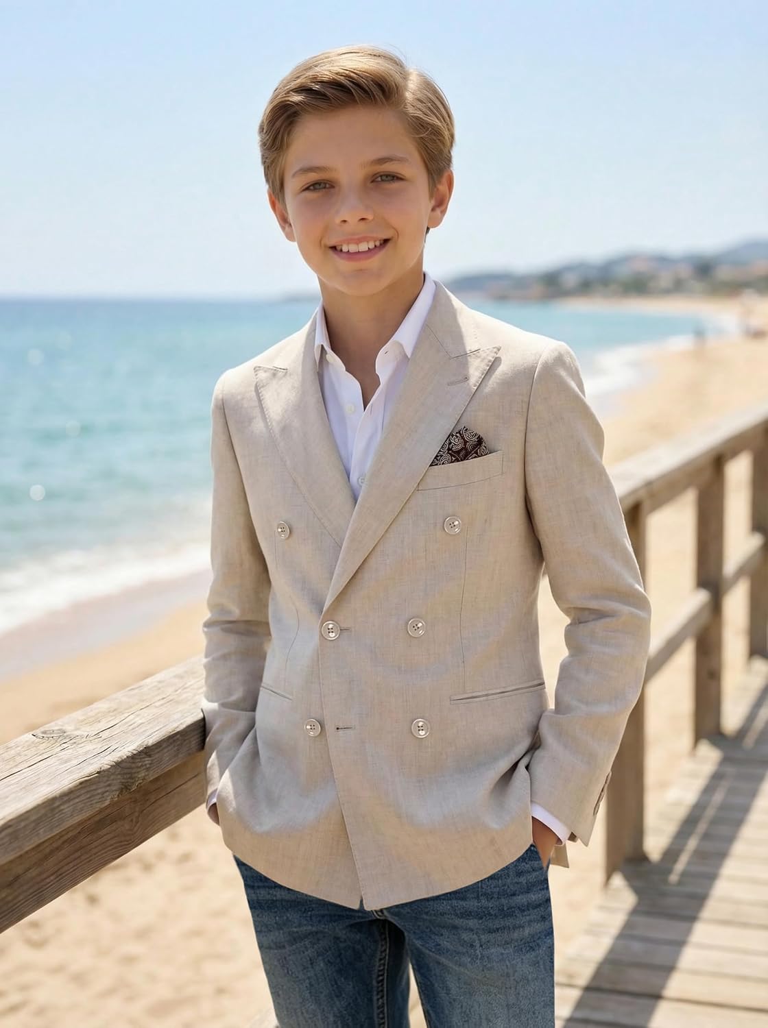 JPF Kids Sport Coat for Boys Double Breasted Linen Casual Suit Jacket