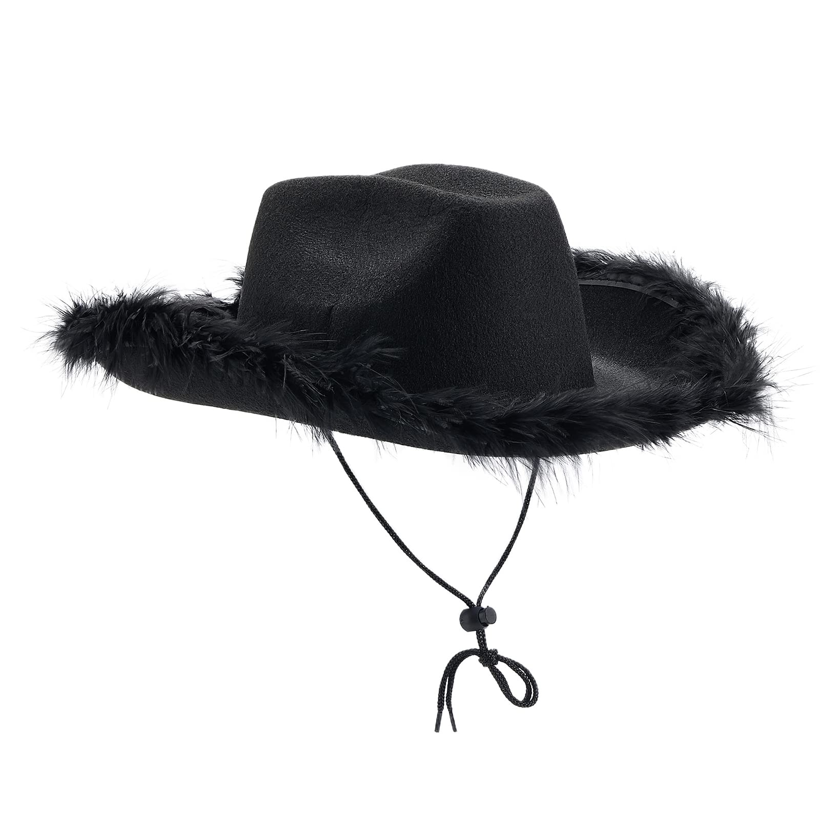 Miolasay Women's Plush Trim Cowboy Hat Drawstring Adjust Western Disco Fish Bucket Hat Fancy Holiday Party Costume Accessory (A-Black, One Size)