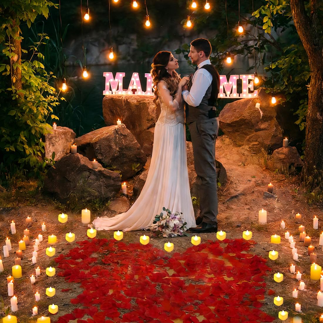RANJIMA MARRY ME Leuchtbuchstaben als Dekoration für Heiratsanträge, 2000 künstliche Rosenblätter mit 24 Romantischen Flammenlosen Kerzen in Herzform für Hochzeitstag Braut Verlobung Valentinstag