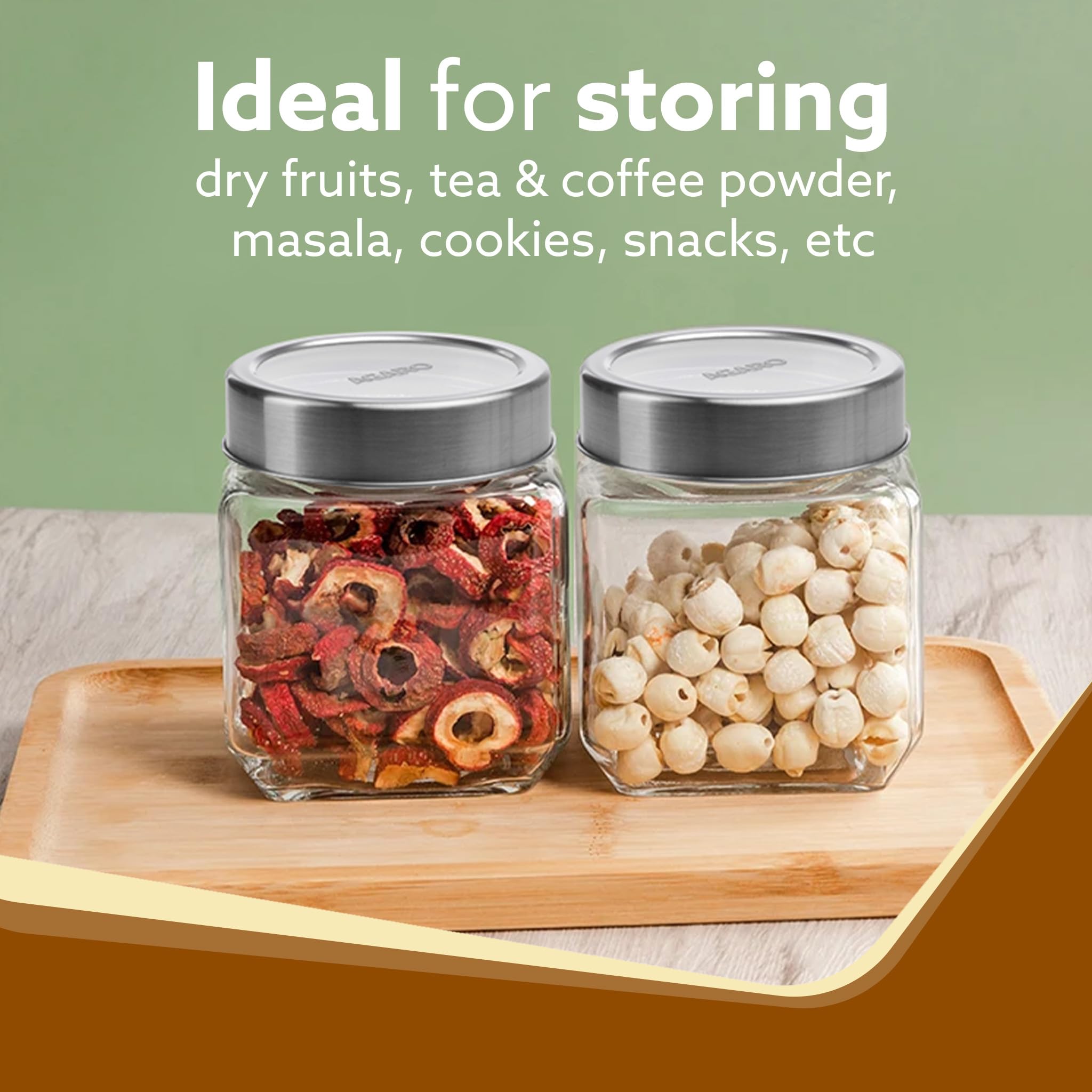 AGARO Elegant Cube Jar 580ml Tapa de Acero Contenedor de Vidrio de Almacenamiento Transparente Organizador de Cocina Multiusos Tarro Pack de 2