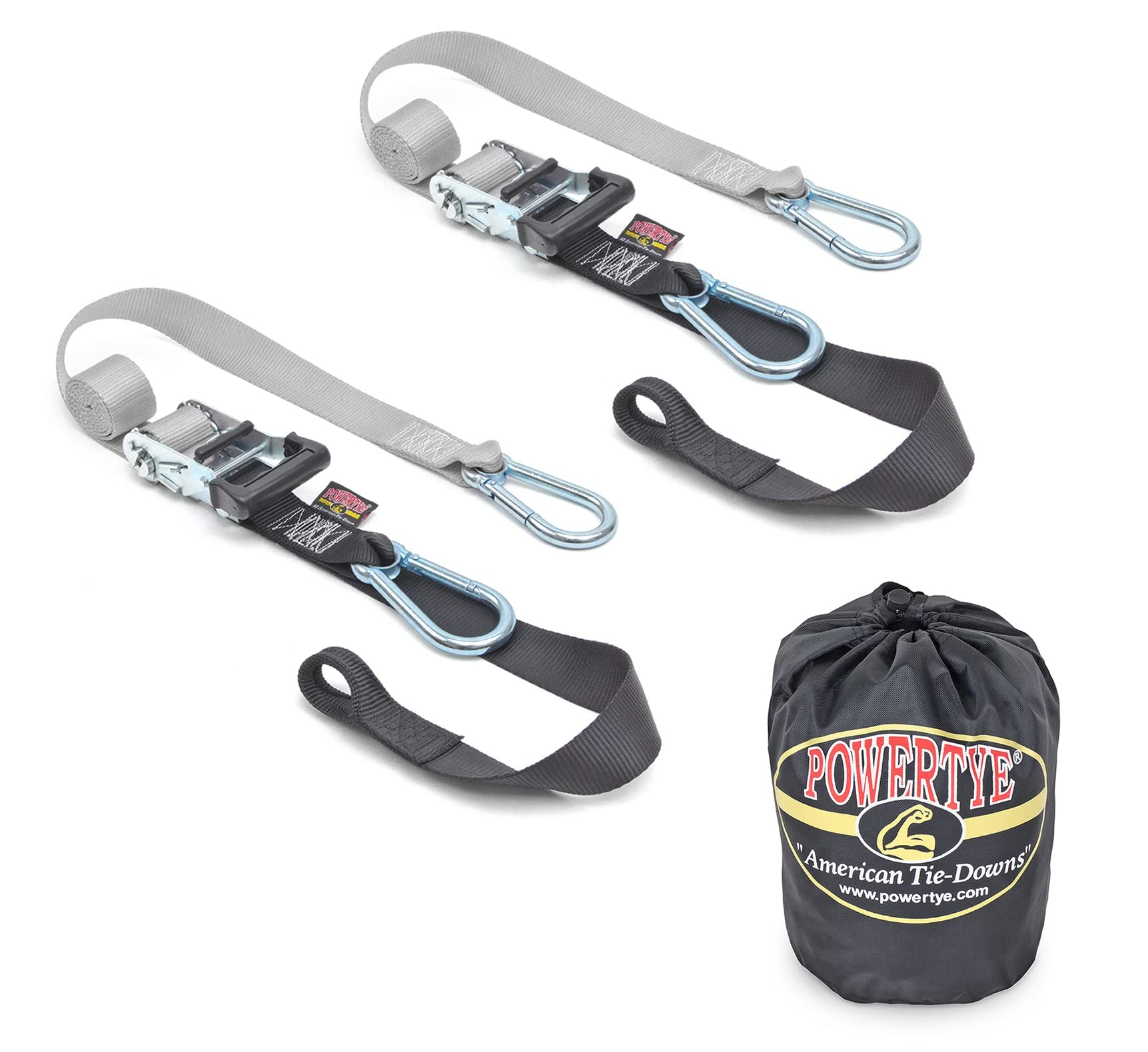 PowerTye - Made in USA - Heavy Duty Ratchet Tie Down Straps with Carabiner Hooks, Soft-Tye & Storage Bag, for Motorcycle, ATV, Trailer & Cargo, 1,000 lb WLL, 1.5 inch x 6.5ft Long, Silver/Black (pair)
