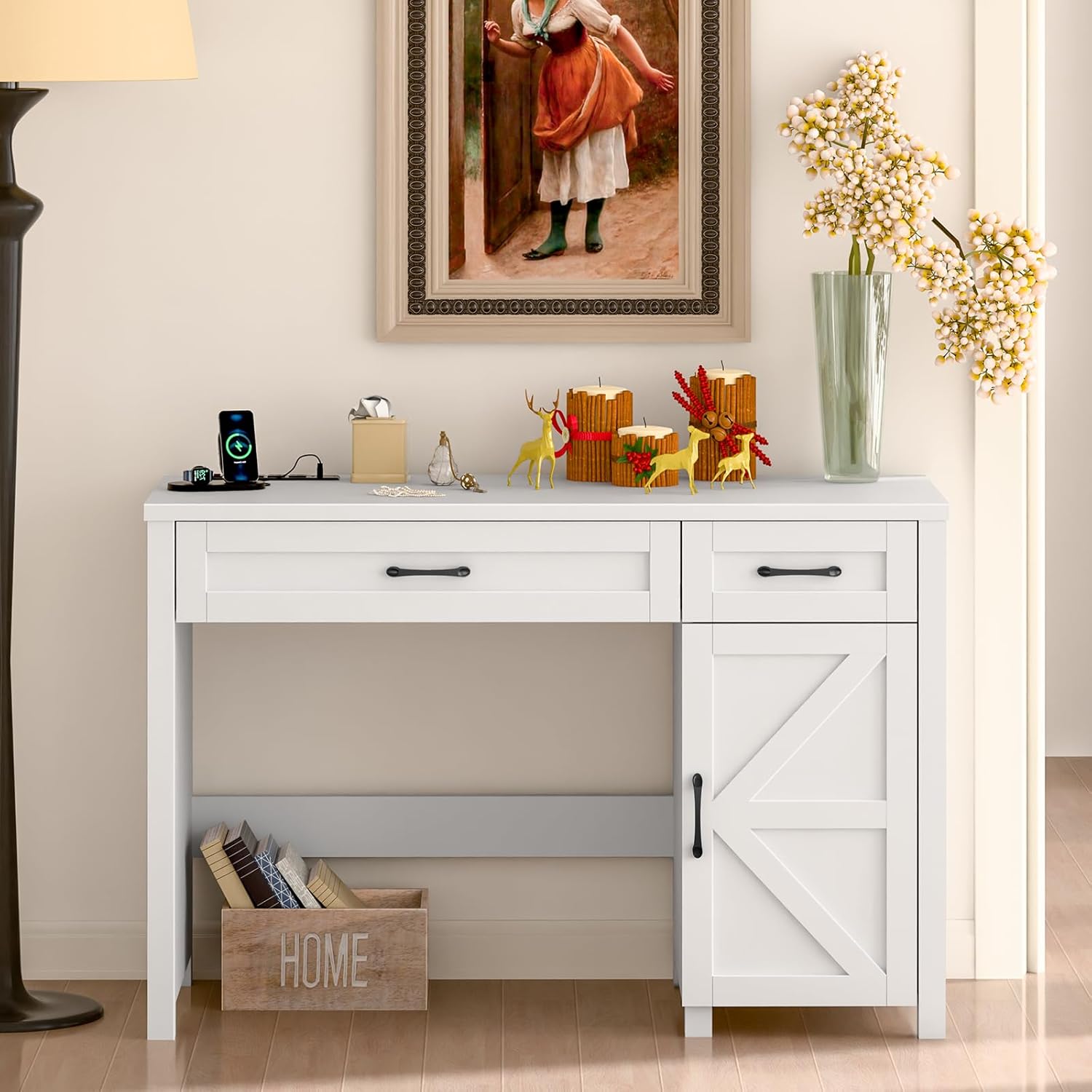 Farmhouse 47" Executive Desk, Computer Desk with Drawers and Storage Cabinet, Workstation Computer Desk for Home Office, Study.Cream White