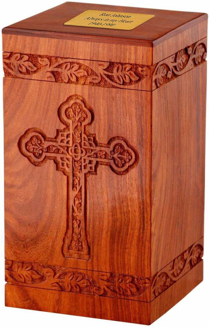 Memorials4u Solid Rosewood Cremation Urn with Hand-Carved Cross Design with Custom Engraved Brass Plate for Human Ashes - Adult Funeral Urn Handcrafted and Engraved - Urn for Ashes - Wood Urn