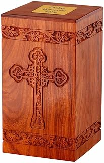 Memorials4u Solid Rosewood Cremation Urn with Hand-Carved Cross Design with Custom Engraved Brass Plate for Human Ashes - Adult Funeral Urn Handcrafted and Engraved - Urn for Ashes - Wood Urn