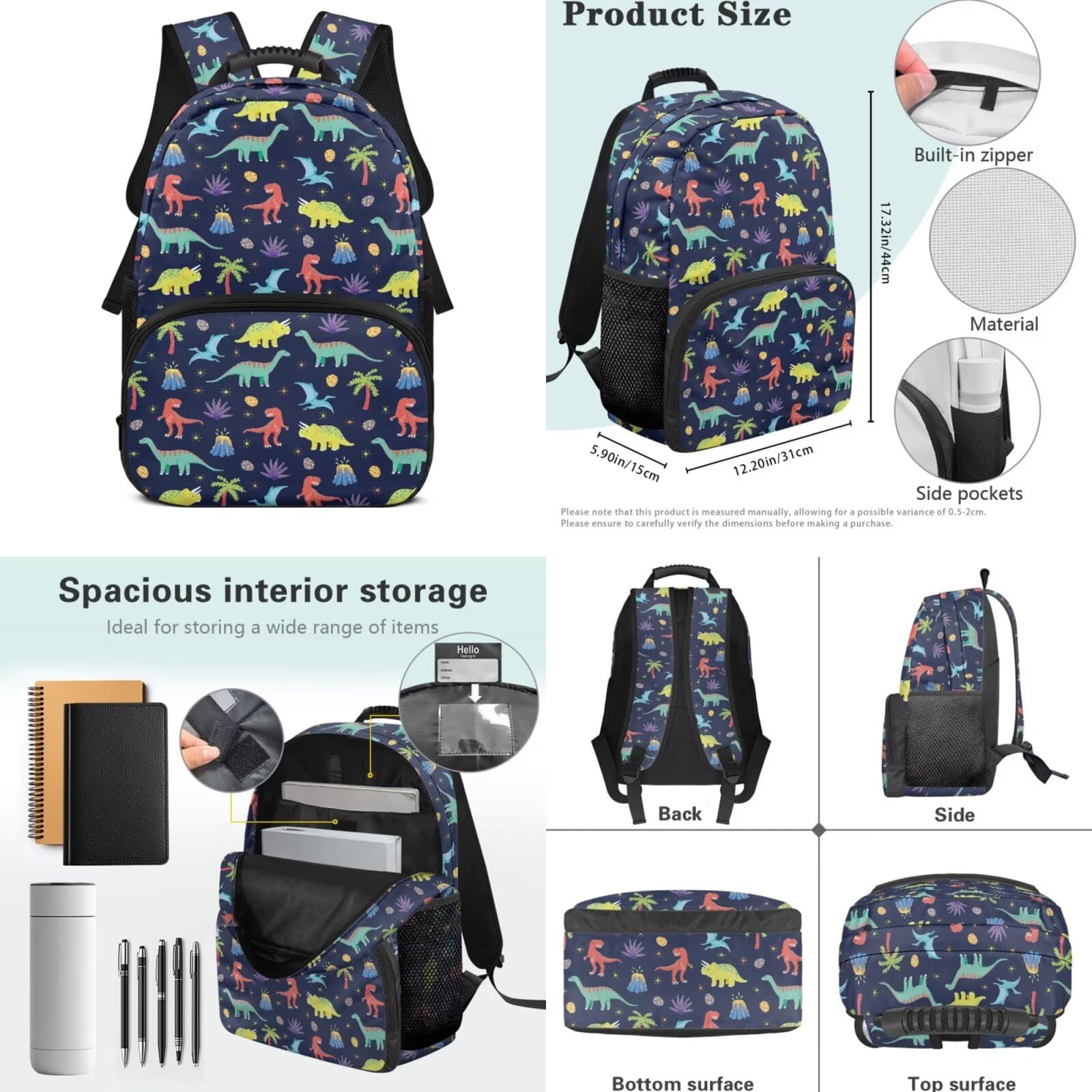 Zaino per bambini a forma di cartone animato per libri scolastici con borsa per il pranzo, astuccio per matite, custodia per bottiglie, portachiavi con ciondolo, set, Dinosauro cartone