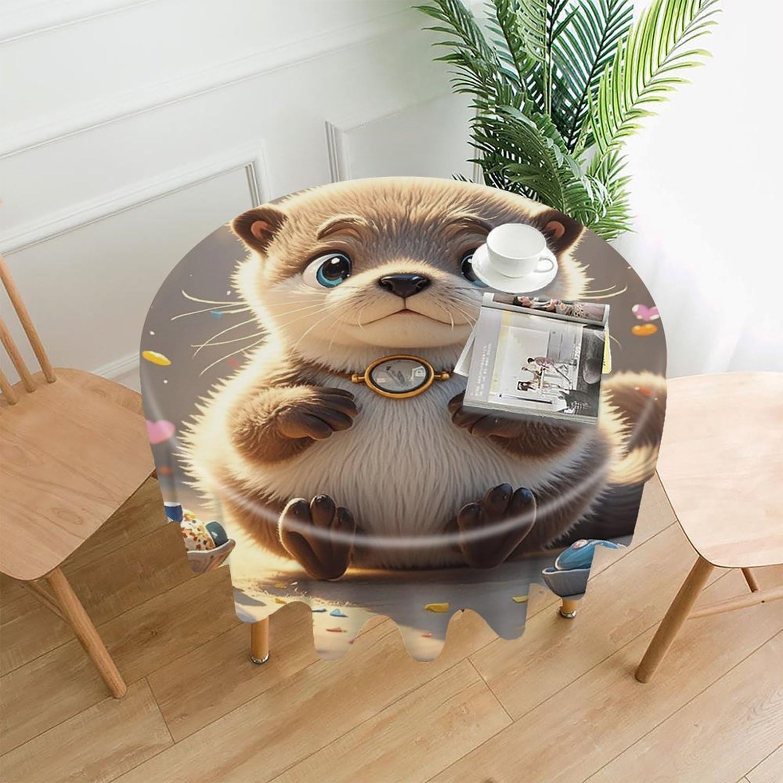 FekiLoot Cartoon Cute Otter Tablecloth Decorative Round Table Cloth Wrinkle Resistant Washable Circle Table Cover Round Tablecloth for Picnic Party Camping Dining 60 Inch
