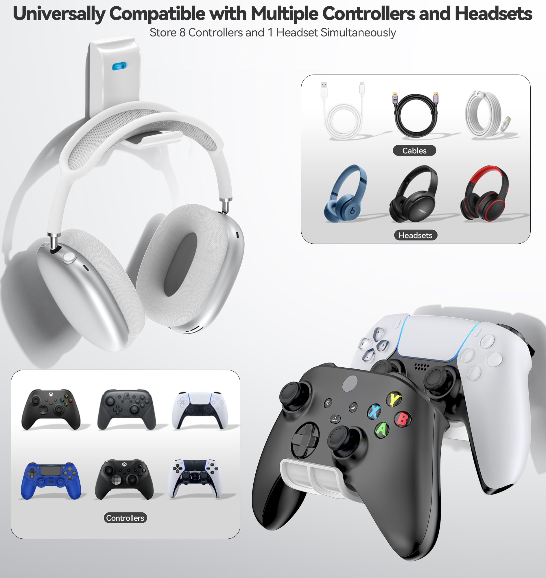 Soporte para Auriculares y Mando, Soporte Universal de Pared para Mandos Xbox/PS5/PS4/Nintendo Switch, Plegable Soporte 4 Mando y Cascos pared, Organiza Accesorios Gaming, Blanco, 2 Piezas