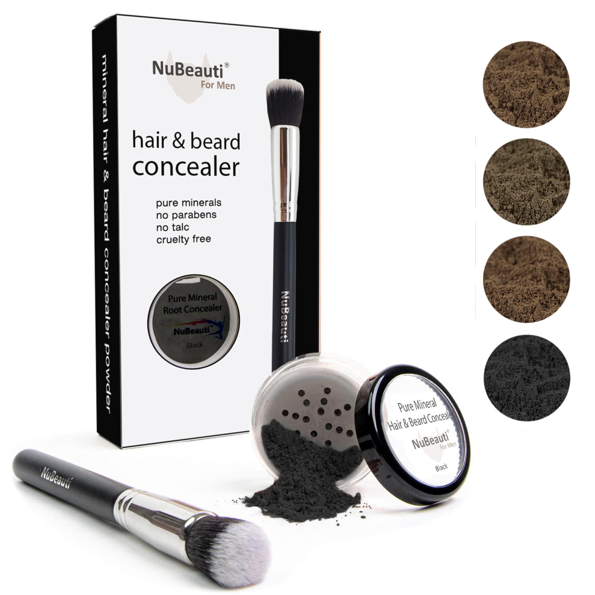 Men’s Beard, Mustache & Hair Root Touch Up Powder – Bald Spot Cover Powder – No Fragrance, Talc or Parabens – Hair Cover Hairline Powder by NuBeauti (Black, With Brush)
