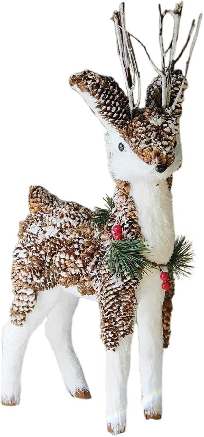 Straw Reindeer Christmas Ornament, Christmas Deer Figurine Animal Collection Ornaments Hand Woven Reindeer Figure with Pine Garland and Red Berries for Christmas Decor (C)