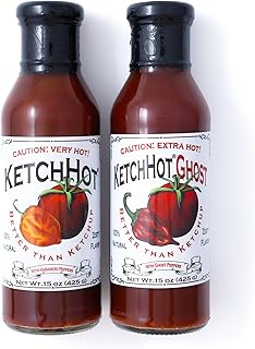 KetchHot Spicy Ketchup Variety Gift Pack – Small-Batch, All-Natural Tomato Catsup with Heat – Nothing Artificial, No Corn Syrup – 1 Habanero Spicy & 1 Ghost Pepper – 15 oz Glass Bottles – Pack of 2