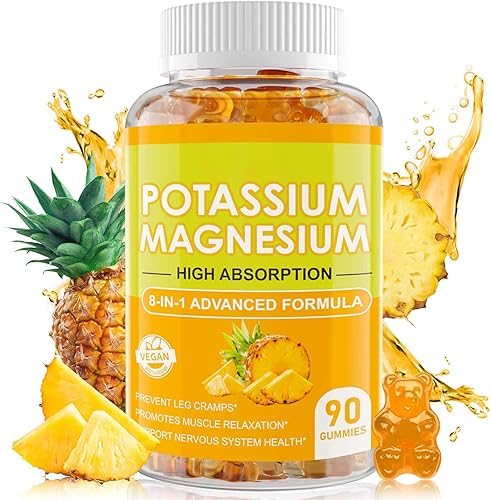 Gomitas de glicinato de magnesio y potasio de 400 mg, gomitas de magnesio de alta absorción con VD, potasio, Q10 para relajación, alivio del estrés