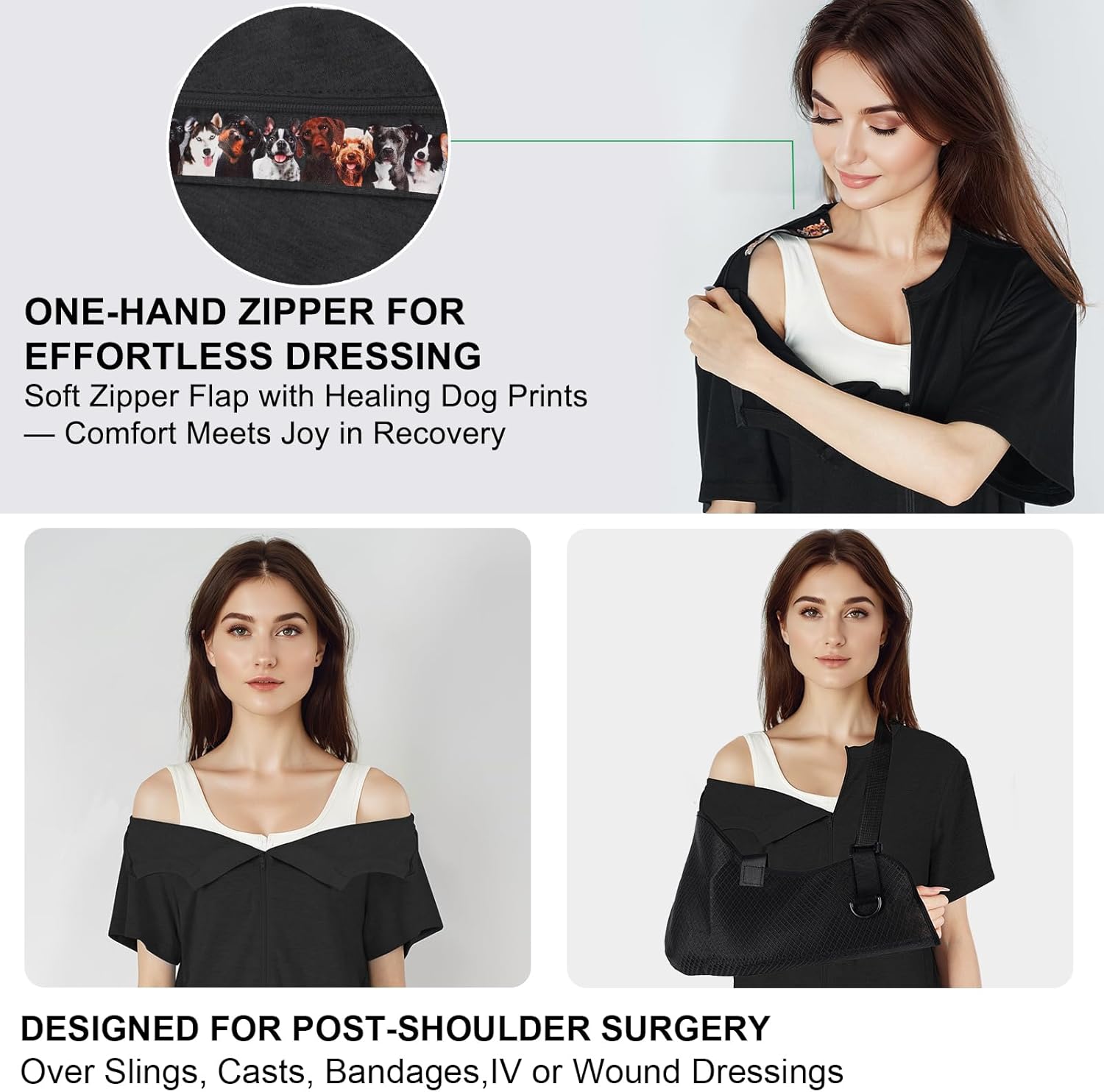Women's Post-Mastectomy Recovery & Chemo Shirts for Port Access - One-Hand Shoulder Zip Short Sleeve with Drain Bag Pocket - Image 2