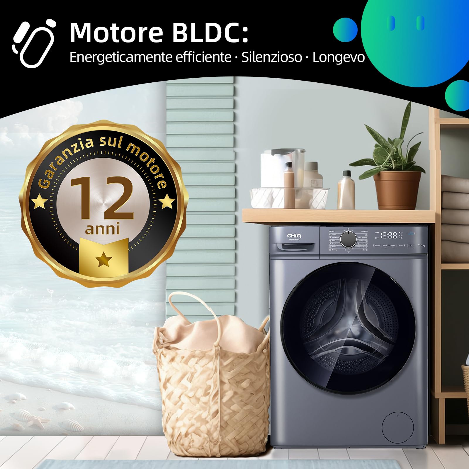 CHiQ CW07123863AX Lavatrice Slim- 7KG, Classe A, Motore BLDC 1200 RPM, Vapore e Lavaggio rapido, 15 Programmi, Design compatto (60x46,5x85cm) - Grigio moderno