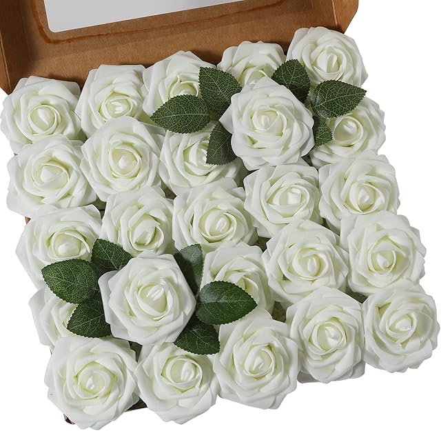 Artificial Flowers Rose Real Looking Fuchsia Fake Foam Roses for DIY Wedding Bouquets Centerpieces Bridal Shower Party Home Decoration (Ivory, 25pcs)