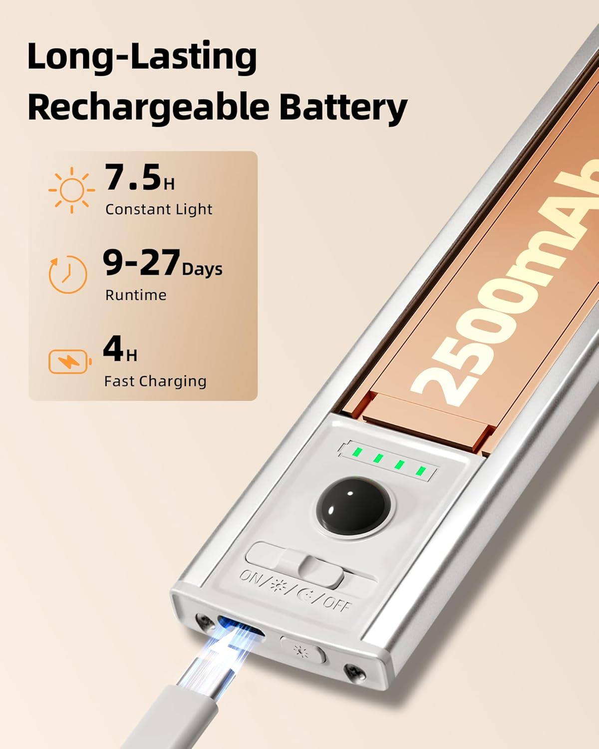 Close-up of the light being charged via USB-C, showing battery indicator