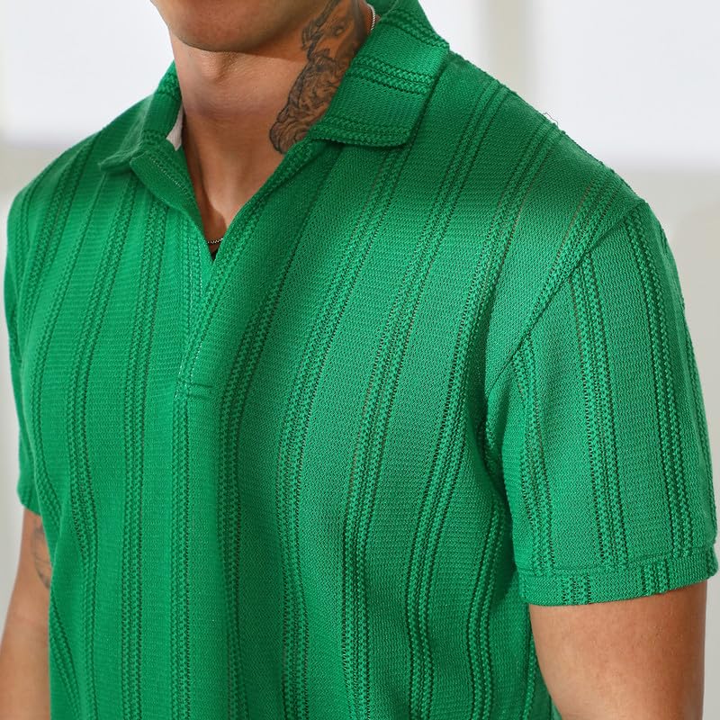 Image of CAHOOT Men's Shamrock Green Stripe-Knit Co-Ord Set For Casual Wear | Polo Neck | Short Sleeve | Pull On Closure | Co-Ords Crafted With Comfort Fit For Everyday Wear